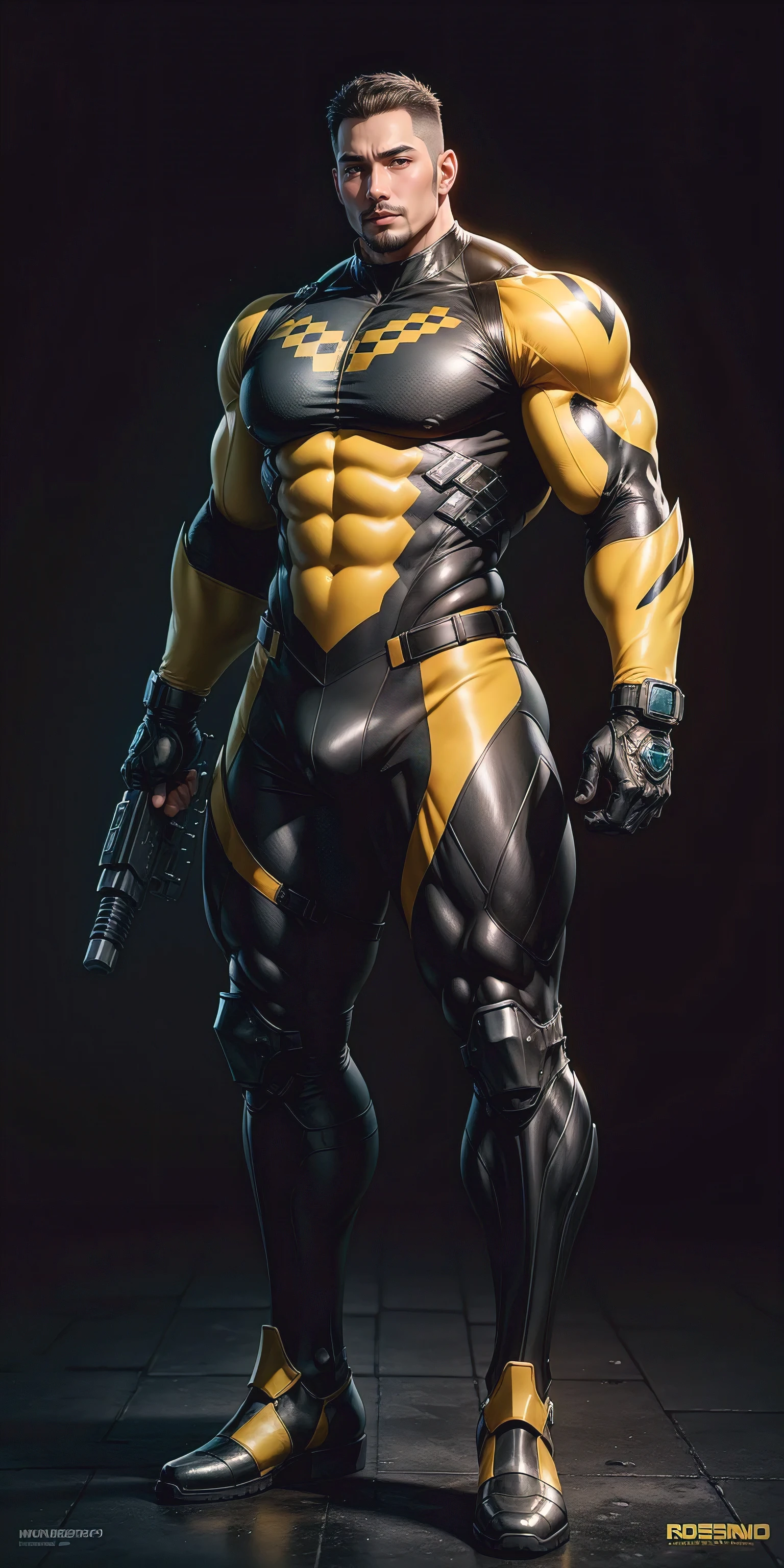 Tall giant muscular police officer,Yellow and black honeycomb network pattern nano mecha,honeycomb pattern,Lightweight texture,character concept(Resident Evil - chris redfield,chris redfield)senior police officer,small grid texture,regular symmetrical texture pattern,sad expression,Deep and charming eyes,emerald eyed hero,heroic male pose,高大burly,muscular!Charming leg muscles,High, burly, Heqiang, Super gain and cool, high resolution committee, Bigfoot yellow and black ultra-thin nano-mechanical boots,Charming strong man,The bright sunshine is shining on you,matte particles,shiny texture