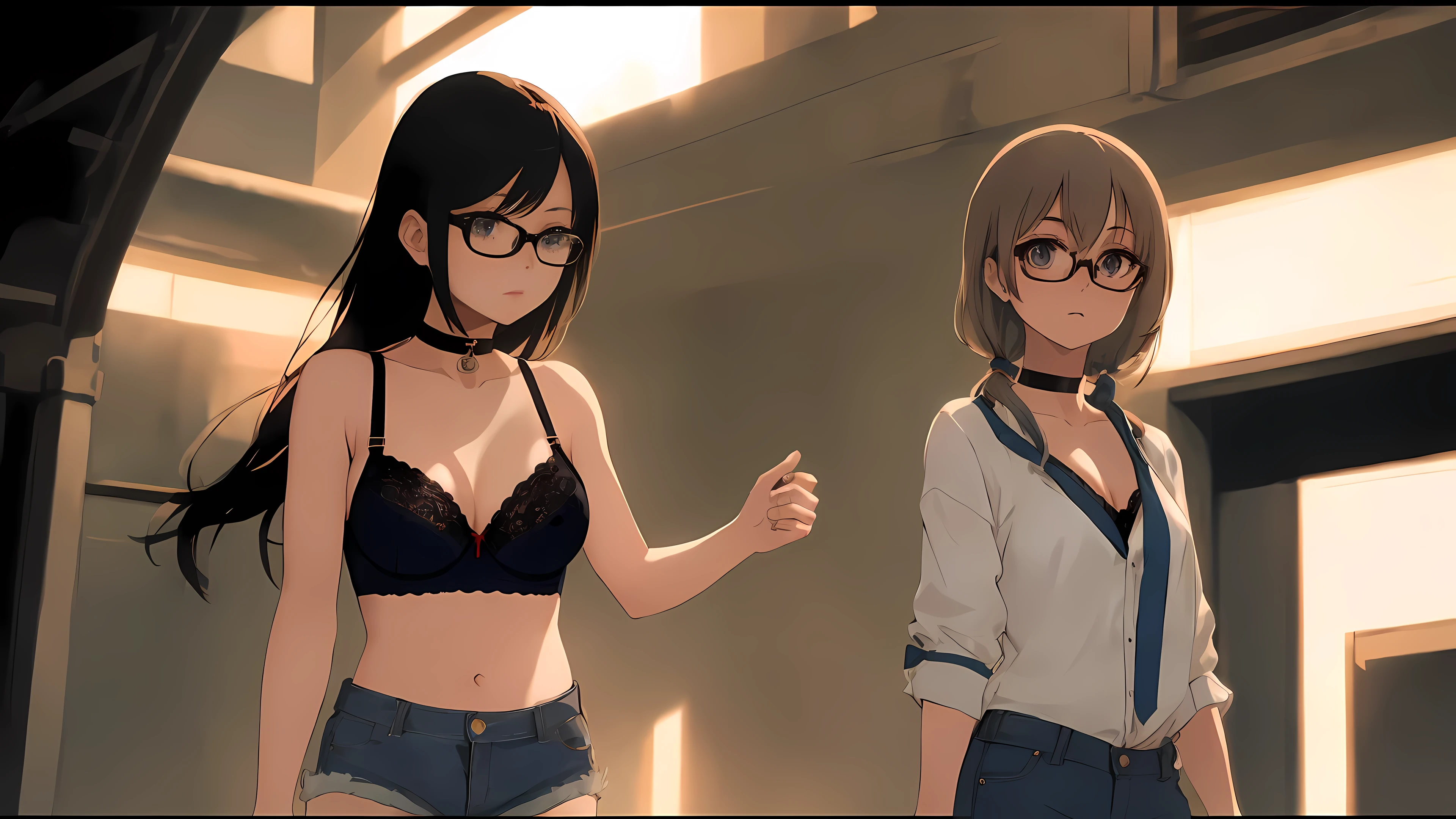 ((1girl)), one 21 year old girl, glasses, choker collar, blue bra, jean shorts, standing, cowboy shot, dramatic lighting, cinematic lighting,
