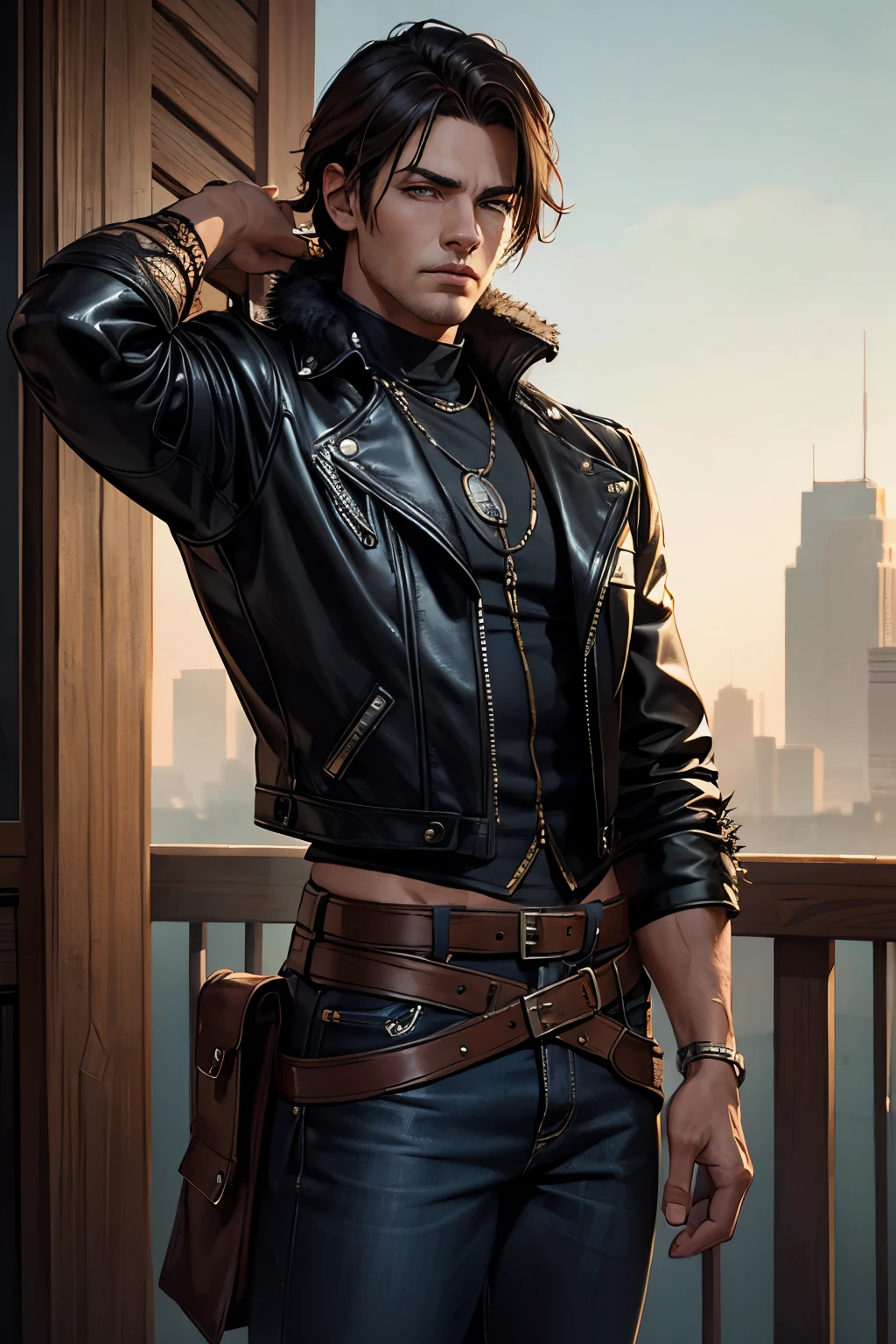 1boy, cowboy shot of re4leon, leather jacket with fur trim,  long sleeves, black jeans, volumetric lighting, athletic, best quality, masterpiece, intricate details, tonemapping, sharp focus, hyper detailed, trending on Artstation, looking at viewer, realistic 