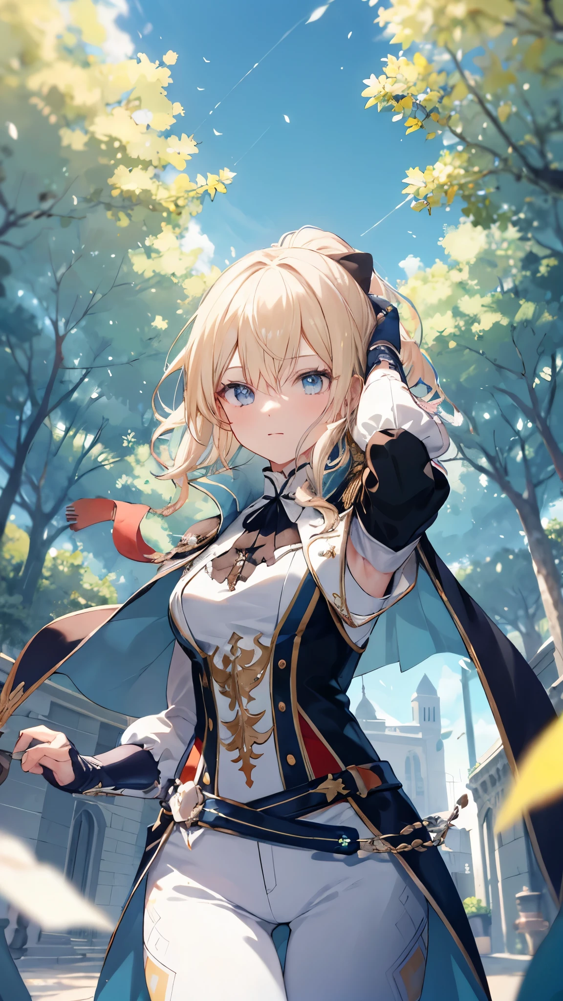 Personajes femeninos de anime elegantes., cola de caballo dorada, ojos extremadamente atractivos, Medieval knight and aristocratic costumes., day time, blue cielo, cielo, al aire libre, under towering trees, Cinematic lighting effects., retrato de gran apertura, dynamic pose, golden ratio, ricos detalles