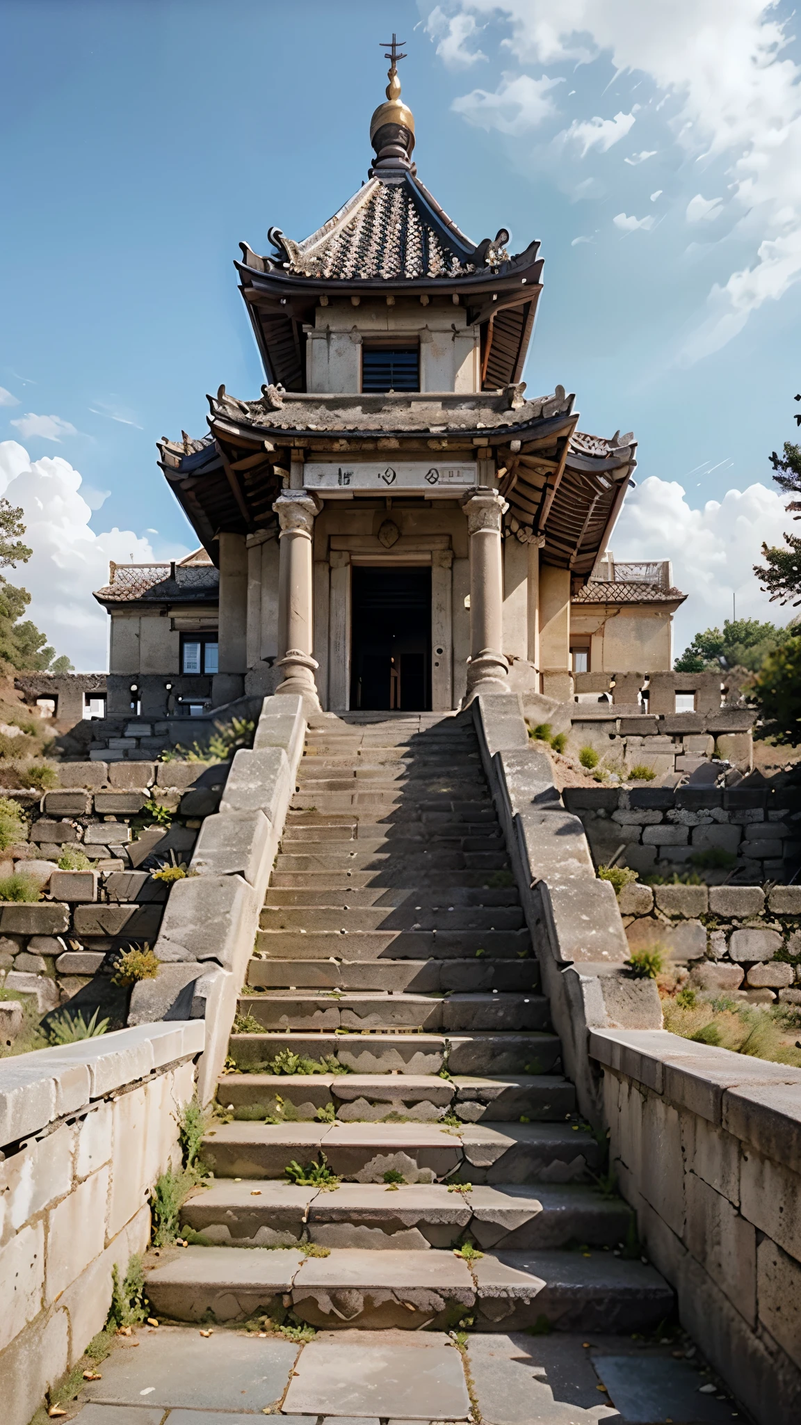 Amazing image of ancient civilization，Huge staircase climbs up to the temple at the top of the hill。The stairs are made of stone，The is very large，Several steps seem to rise into the sky。The temple at the top is majestic，The building is impressive，Tall pillars and details carved in stone。The ancient civilization is surrounded by mountains and forests，In the distance, a river meanders through the landscape。The image is very detailed and has a high resolution，With incredible quality，The stairs are shown，Every detail of the temple and the surrounding landscape made of stone blocks by ancient humans。This image is perfect for anyone who loves history and archaeology，And want to make stunning digital artwork as wallpaper on your phone。With impeccable resolution，You can feel like you're there，In that amazing place，Explore ancient civilizations and discover their secrets,