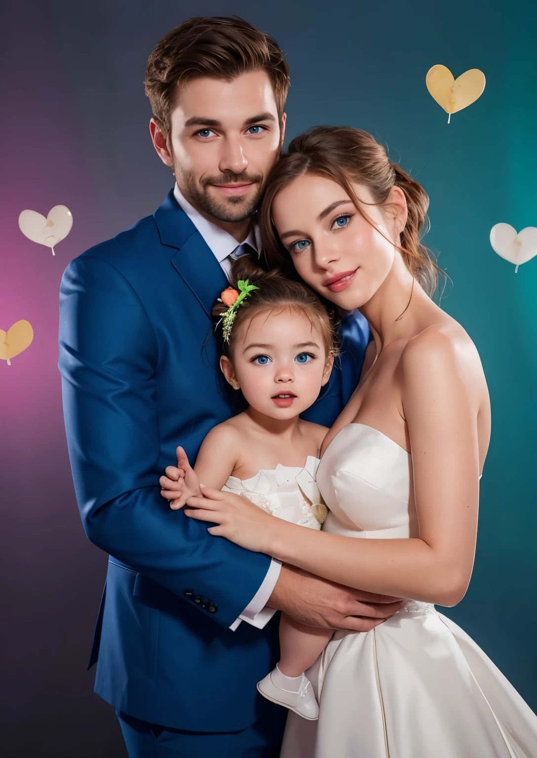 A woman blonde bride and a brown haired man groom hugs each ither with a daughter in the center, colorful background, Sparkling, colorful blue Background, professional quality studio 8x10 UHD Digital photograph by Scott Kendall - multicolored spotlight, Photorealistic, realistic stock photo, Professional quality Photograph. colored Fog - Multicolored lightning, 3D bubbles, hearts, stars, clovers, hsir: blonde and blue eyes.