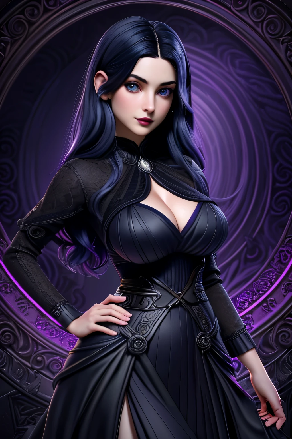 close up 1girl in, 20years, Solo, Aesthetic artwork, long dark blue hair, thick dark blue hair, light blue eyes, clear skin, pale skin, massive breasts, DD-Cup, cleavage, fit body, (round hips, thin waist: 1.25), arched back, (Sirius face, dark lipstick, mischievous:1.1), wearing black cocktail dress, hypnotist, spiral, hypnotism, (background, dark bedroom, 4k textures, dark light, purple edge light, RAW intricate, elegant, highly detailed, sharp focus, ((((cinematic look)))), insane details, intricate details, hyperdetailed, low contrast, hard cinematic light, dim colors, exposure blend, hdr, faded