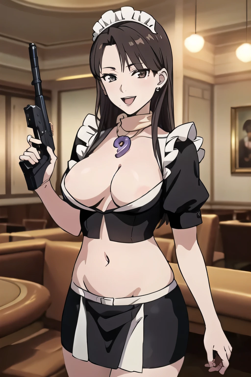 mia fey,  magatama necklace, earrings, 
jewelry, earrings, complex detailed background, casino environment, fancy interior environment, rich
interior, masterpiece, best quality, highly detailed, a anime girls in maid uniforms with a gun posing for a
picture, maid outfit, cleavage, evil smile, smile, open mouth ,ecchi anime style, anime girls, ecchi style,
ecchi, digital anime art!!, in anime style, official artwork, (nsfw) not safe for work, beautiful anime maid
girl, anime style 4 k, micro skirt, exposed belly, exposed navel, exposed midriff, exposed lower belly,
holding a gun