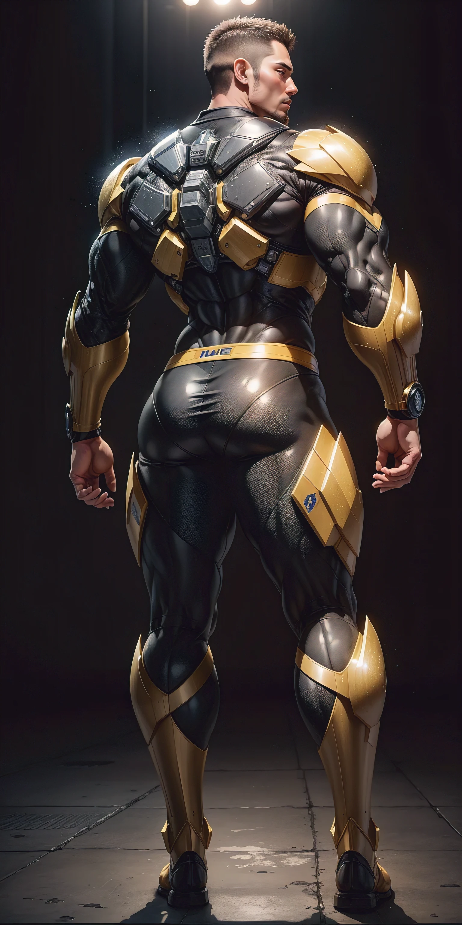 Tall giant muscular police officer,Yellow-gray honeycomb network pattern nano mecha,Huge mechanical wings unfold from behind,Colorful lighting effects,character concept(Resident Evil - chris redfield,chris redfield)senior police officer,small grid texture,regular symmetrical texture pattern,sad expression,Deep and charming eyes,emerald eyed hero,heroic male pose,高大burly,muscular!Charming leg muscles,High, burly, Heqiang, Super gain and cool, high resolution committee, Yellow-gray ultra-thin nano mechanical boots suitable for big feet,Charming strong man,The bright sunshine is shining on you,matte particles,shiny texture
