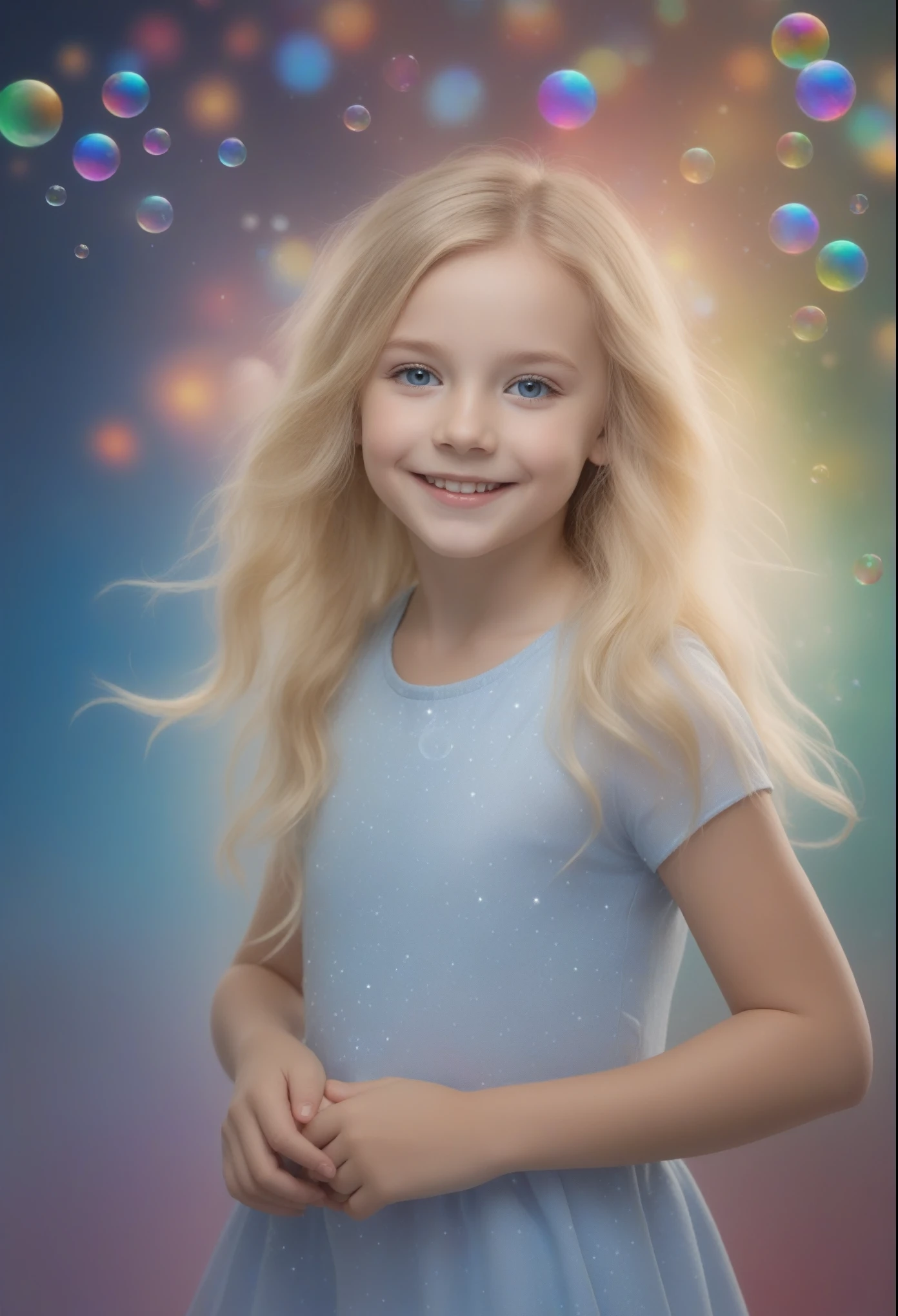 8-years-old cheerful girl,  dynamic pose - Sparkling, colorful Background, professional quality studio 8x10 UHD Digital photograph by Scott Kendall - multicolored spotlight, Photorealistic, realistic stock photo, Professional quality Photograph. colored Fog - Multicolored lightning, 3D bubbles, hearts, stars, clovers, hsir: blonde and blue eyes. Cinematic, realistic