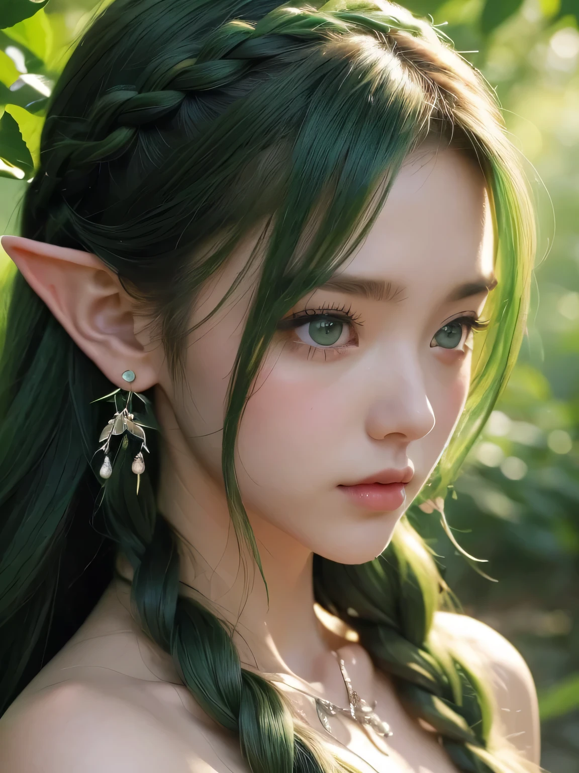 A fascinating and mysterious sorcerer emerges from the depths of a magical forest.., wears elaborate robes woven with intricate mystical symbols. dense tree々々Soft sunlight shines in, A mysterious appearance that emits a fascinating glow. 彼女の目は古generationの知恵と魔法で輝いています, Delicate ivy vines and bright flowers々々Intertwined with her flowing hair. in the background, Inhabited by mythical creatures and forest spirits,clavicle、earrings、necklace、emerald green hair、green eyes、 1 girl, delicate eyes, double eyelid,, necklace、close up of face、close up of face、20generation、all green hair、green eyes、close up of face、elf ears、serious expression、eyes as big as possible'I don't see their white people.、Brown headband、small multiple braids、random pose、