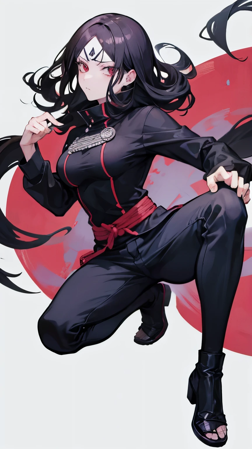 mujer adulta del estilo anime jujutsu kaisen de baja estatura, de pelo negro, pelo muy largo y ondulado, Latin brunette skin color, justo a personajes de jujutsu kaisen