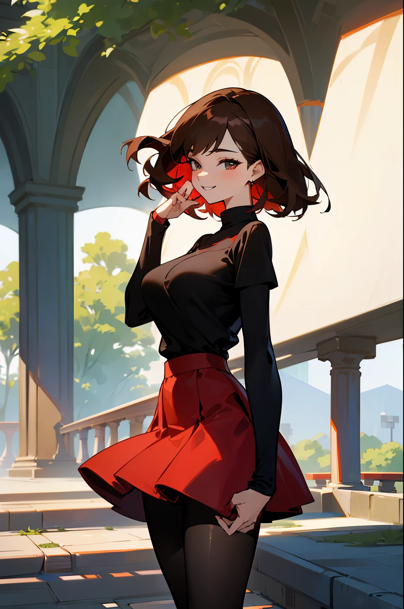 top-quality、Full limbs、complete fingers、Slender beauty、Women with straight hair、Brown-haired woman、Women with medium hair、(Beautiful busty woman:1.3)、(black knit tops)、(Red mini flared skirt)、Black pantyhose、Naughty Poses、a park、A big smile
