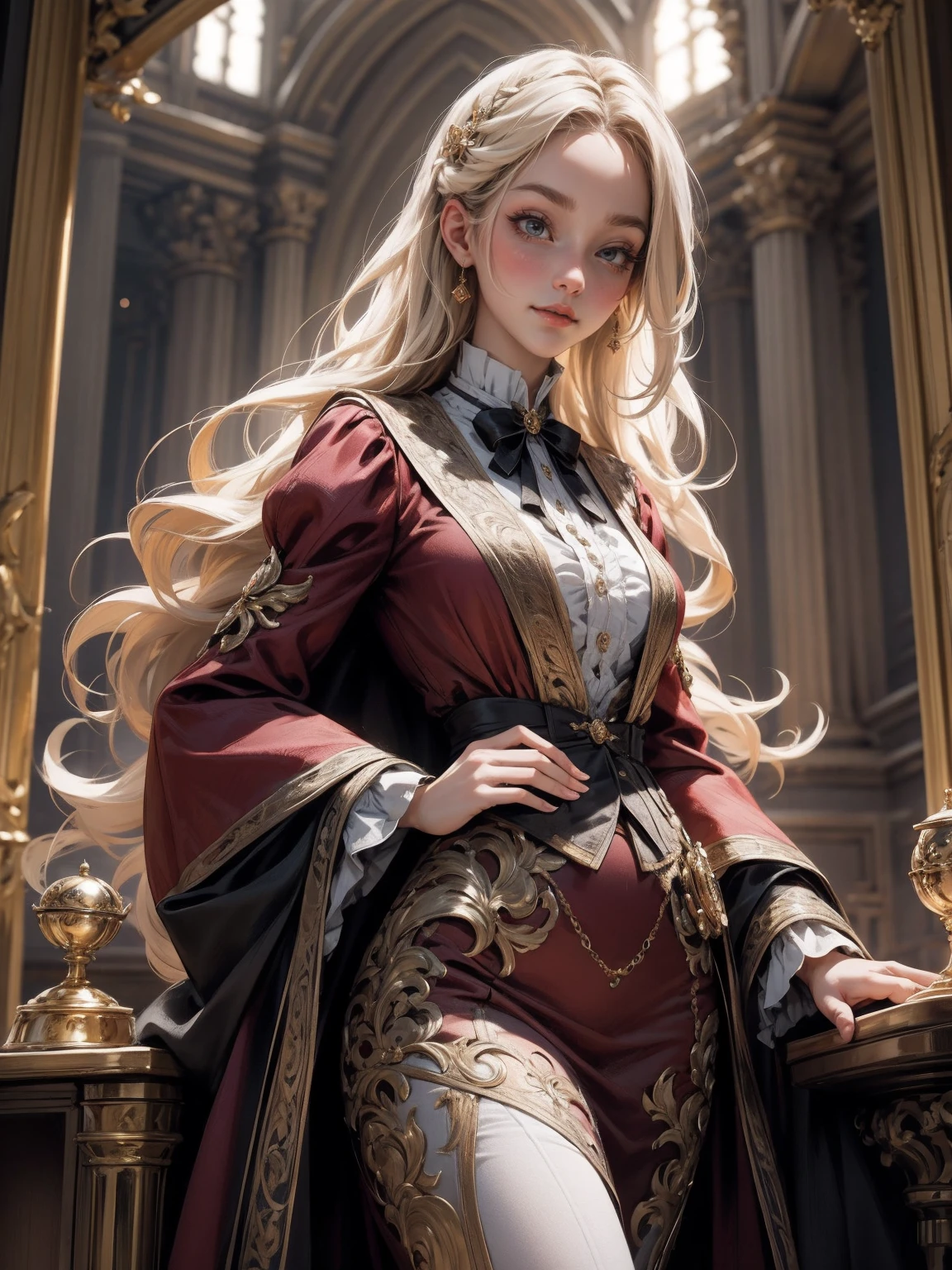 { - anatomy error}(Masterpiece - Ultra-detailed, very high resolution) Prepare to be enchanted by a true masterpiece that combines ultra-detailed art with high-resolution rendering. This work depicts a mesmerizing woman with very long blond hair (1.3) and captivating gray eyes (1.2), emanating an aura of elegance and mystery in Victorian settings. The intricate details and realistic textures invite you to explore every aspect of this enchanting composition. Woman wearing beautiful classic Victorian costume from the year 1878. Red lips. Happy face. Smiling. red (gold) dress. Backwards, looking back, dynamic poses., whole body. dynamic poses. Get ready to dive into a world where beauty and craftsmanship merge perfectly.