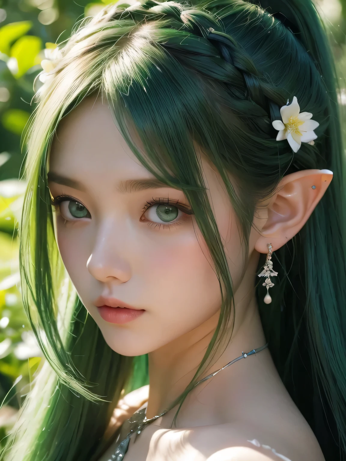 A fascinating and mysterious sorcerer emerges from the depths of a magical forest.., wears elaborate robes woven with intricate mystical symbols. dense tree々々Soft sunlight shines in, A mysterious appearance that emits a fascinating glow. 彼女の目は古generationの知恵と魔法で輝いています, Delicate ivy vines and bright flowers々々Intertwined with her flowing hair. in the background, Inhabited by mythical creatures and forest spirits,clavicle、earrings、necklace、emerald green hair、green eyes、 1 girl, delicate eyes, double eyelid,, necklace、close up of face、close up of face、20generation、all green hair、green eyes、close up of face、elf ears、serious expression、eyes as big as possible'I don't see their white people.、Brown headband、small multiple braids、random pose、ponytail、