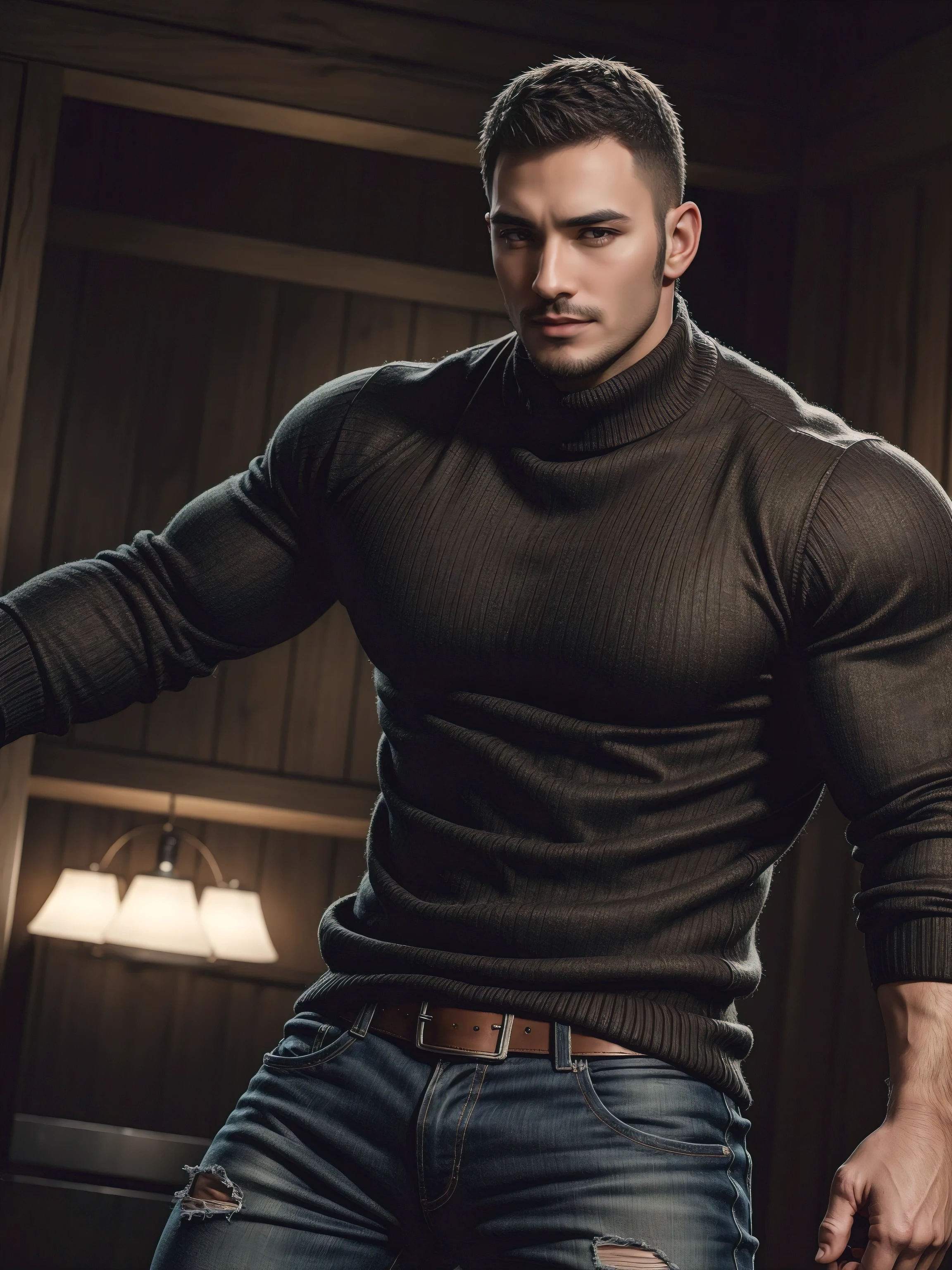 Tall giant muscular 肌肉男,baseball cap,Brown-gray turtleneck long-sleeved sweater,stretch sweater texture,jeans,character concept(Resident Evil - chris redfield,chris redfield)bright charming smile,Deep and charming eyes,heroic male pose,高大burly,muscular!muscular大腿,tough guy,perfect facial features,High, burly, Heqiang, Super gain and cool, high resolution committee,Charming strong man,The bright sunshine is shining on you