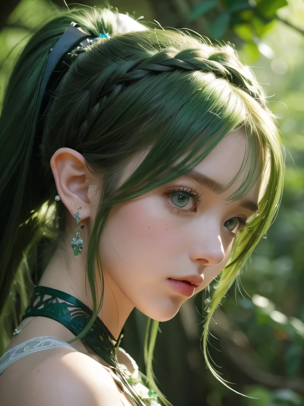 Super detailed complex 3D rendering of face, (big breasts: 8.8), (masterpiece, top quality, octane rendering,), glamour shots full body image, very beautiful young elf, cleavage, (very detailed skin: 1.2), (exposure: 1.1), cute woman getting naked. ((wearing a plummeting open shirt of white silk: 1.9, 40k, (((very soft breasts)), ((conspicuous large pink areola)). Beautiful Caucasian woman with black skin with full soft breasts and black skin of big ass, one, long braided hair, big breasts, dynamic angle, mystical expression, ultra-realistic photo, (((portrait)))), bare feet, futuristic city background, facial muscles, detailed and beautiful gold crown, in the style of Marvel Comics, ArtStation trends, clear focus, studio photography, Intricate detail, highly detailed, detailed blue eyes, very detailed, sharp focus, digital rendering, professional, abs, dark gray background, ((green hair)), crotch, bare feet, shot with Canon EOS R 6, ((Sexy Pose)))),
