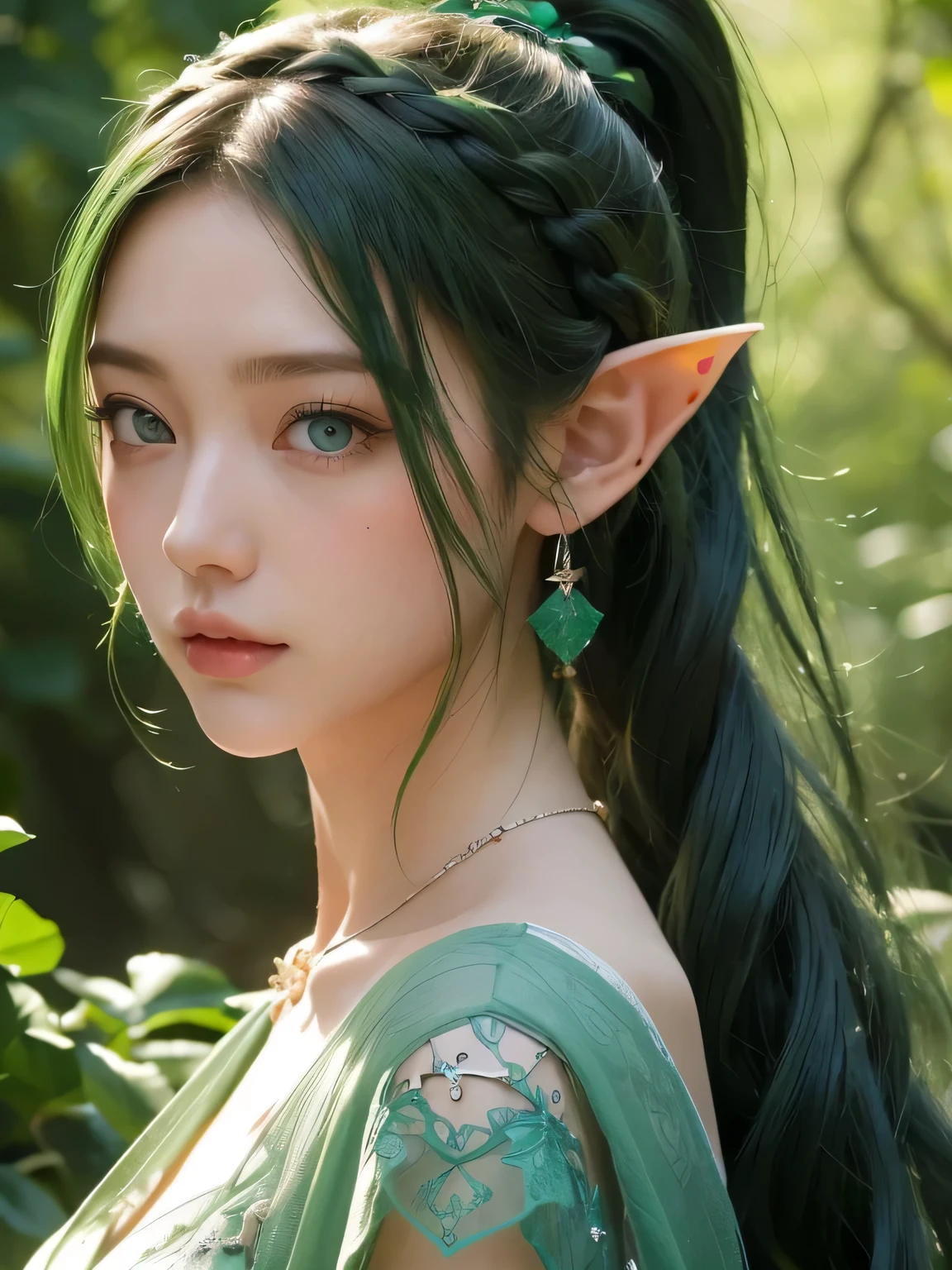A fascinating and mysterious sorcerer emerges from the depths of a magical forest.., wears elaborate robes woven with intricate mystical symbols. dense tree々々Soft sunlight shines in, A mysterious appearance that emits a fascinating glow. 彼女の目は古generationの知恵と魔法で輝いています, Delicate ivy vines and bright flowers々々Intertwined with her flowing hair. in the background, Inhabited by mythical creatures and forest spirits,clavicle、earrings、necklace、emerald green hair、green eyes、 1 girl, delicate eyes, double eyelid,, necklace、close up of face、close up of face、20generation、all green hair、green eyes、close up of face、elf ears、serious expression、eyes as big as possible'I don't see their white people.、Brown headband、small multiple braids、random pose、ponytail、