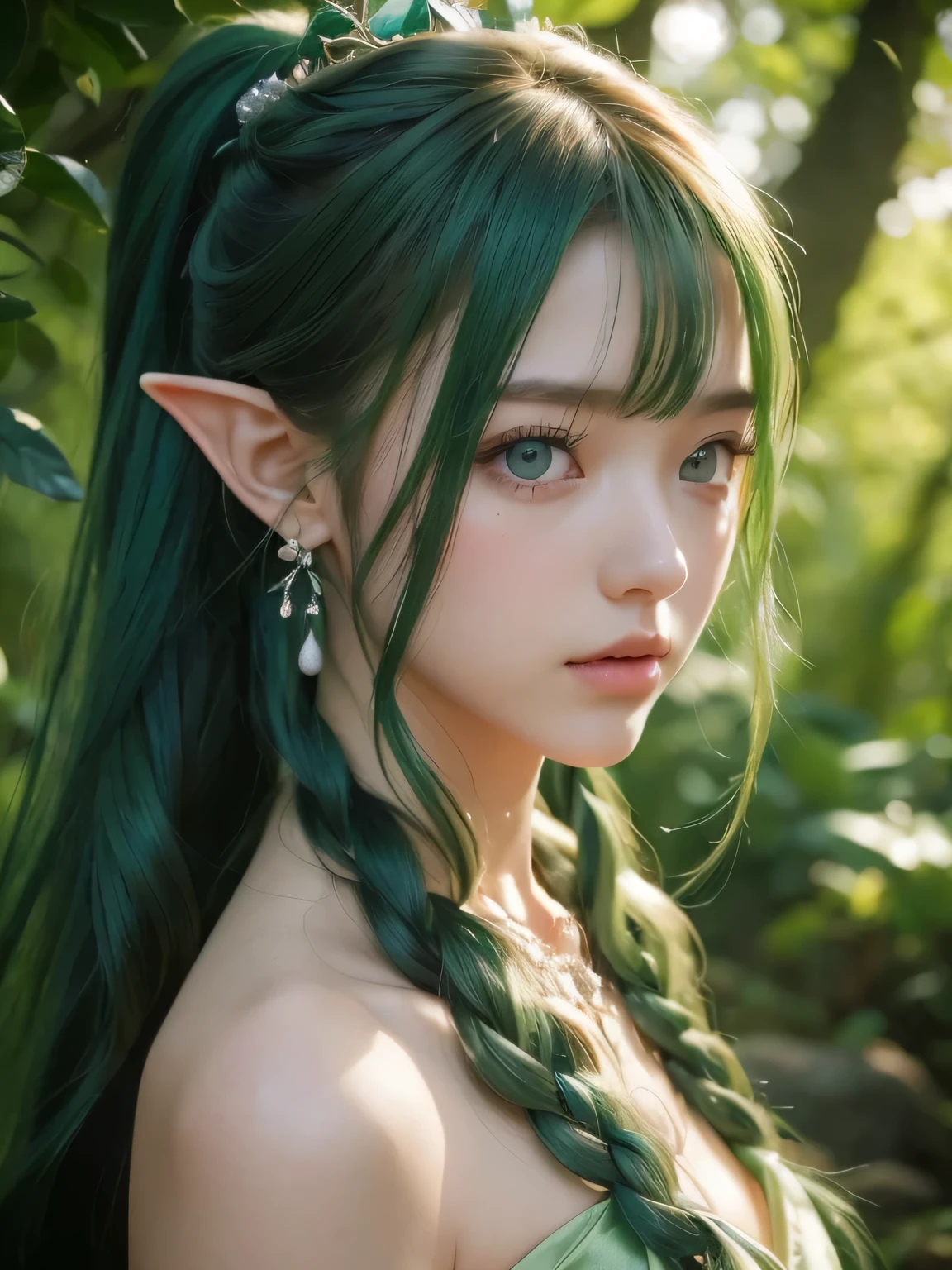 A fascinating and mysterious sorcerer emerges from the depths of a magical forest.., wears elaborate robes woven with intricate mystical symbols. dense tree々々Soft sunlight shines in, A mysterious appearance that emits a fascinating glow. 彼女の目は古generationの知恵と魔法で輝いています, Delicate ivy vines and bright flowers々々Intertwined with her flowing hair. in the background, Inhabited by mythical creatures and forest spirits,clavicle、earrings、necklace、emerald green hair、green eyes、 1 girl, delicate eyes, double eyelid,, necklace、close up of face、close up of face、２０generation、all green hair、green eyes、close up of face、elf ears、serious expression、eyes as big as possible&#39;I don&#39;t see their white people.、Brown headband、small multiple braids、random pose、ponytail、