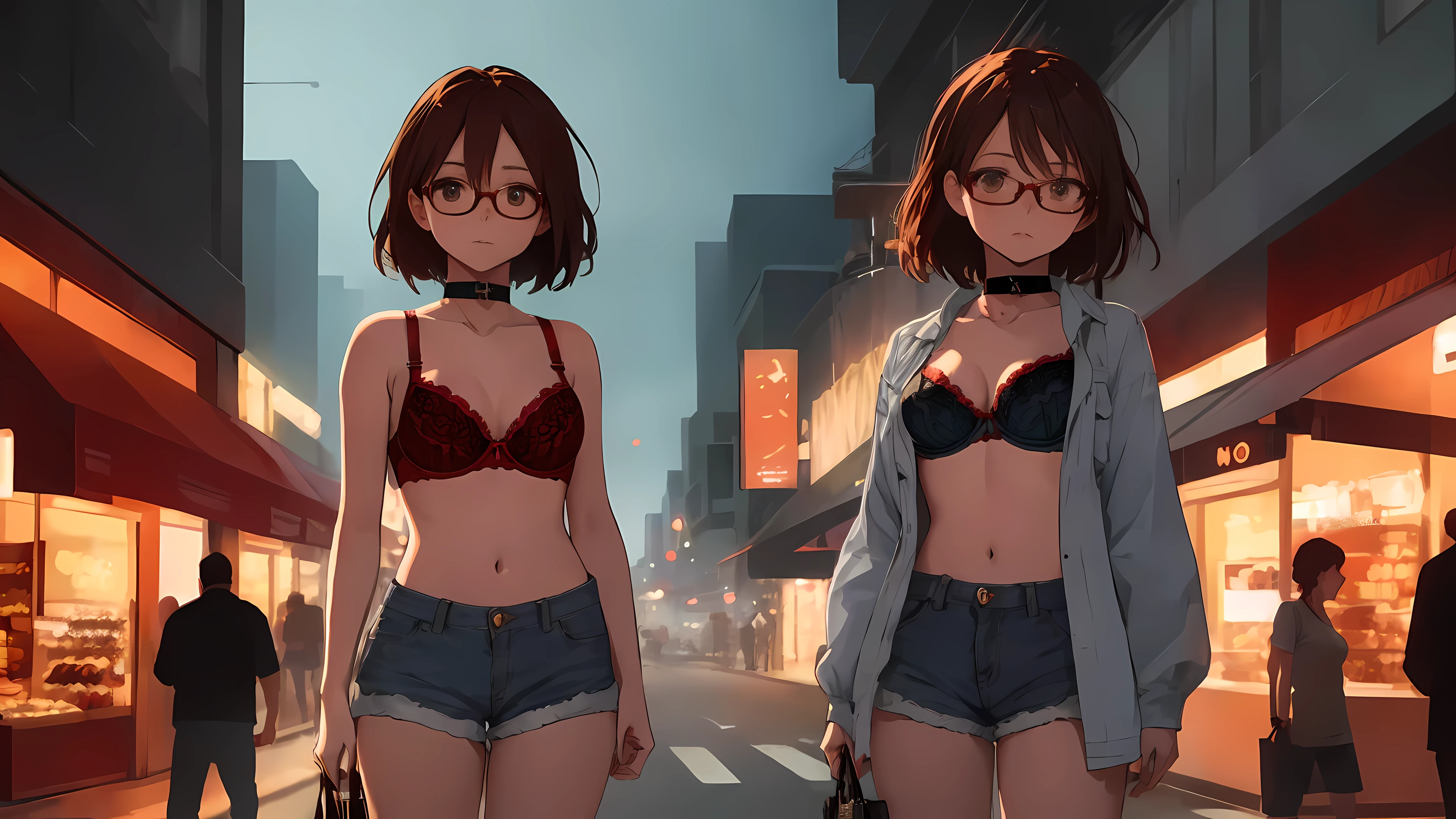 ((1girl)), one 21 year old girl, brown hair, glasses, choker collar, red bra, jean shorts, standing, cowboy shot, shopping, street, dramatic lighting, cinematic lighting,