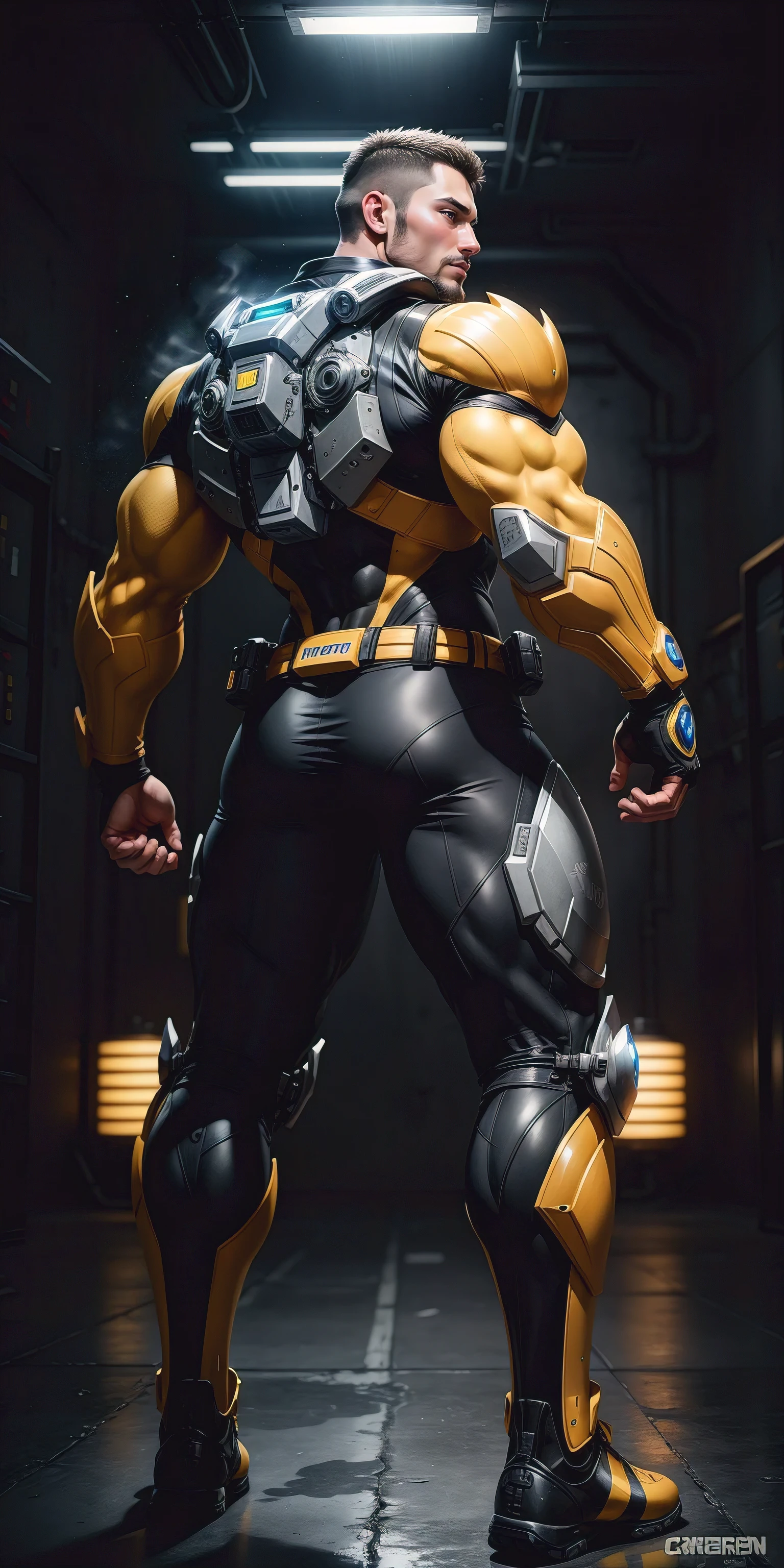 Tall giant muscular police officer,Yellow-gray honeycomb network pattern nano mecha,honeycomb pattern,Lightweight texture,character concept(Resident Evil - chris redfield,chris redfield)senior police officer,small grid texture,regular symmetrical texture pattern,sad expression,Deep and charming eyes,Emerald Eyes Hero,heroic male pose,高大burly,muscular!Charming leg muscles,High, burly, Heqiang, Super gain and cool, high resolution committee, Yellow gray ultra-thin nano mechanical boots for big feet,Charming strong man,The bright sunshine is shining on you,matte particles,shiny texture