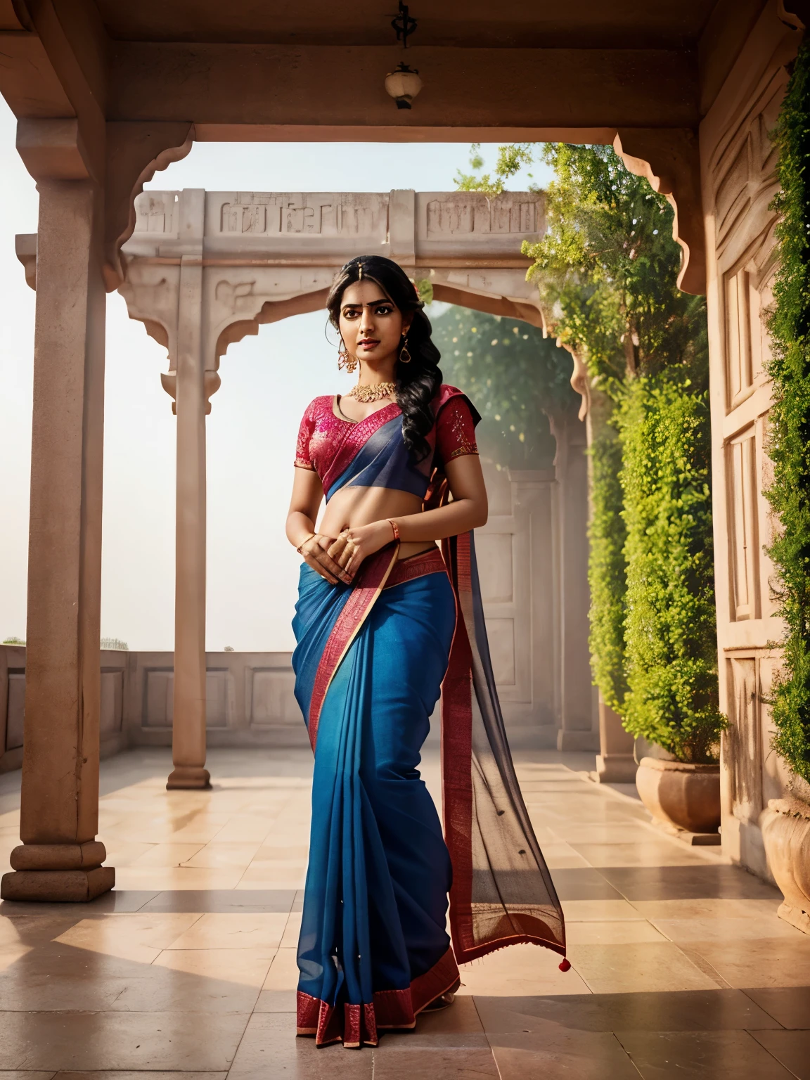 extremely bold Tamil girl, 20 year old, with 20 year old Indian guy, looks fair, black hair, fir body, Outdoor photoshoot, (ultra realistic:1.37), (extremely believable:1.6 picture) (intricate beautiful details of faces & eyes & ears & nose & lips & skin & body parts), , long black hair, 36D, round deep navel, (wearing:1.6 glamorous saree, blouse, petticoat), good makeup, quality clothing brands, stylish footwears, beautiful background, minimal ornaments, vibrant colors hyper maximalized objects, cinematic lighting effects, HDR, hyper realistic, yocto-pixel detailing, yotta-pixel image