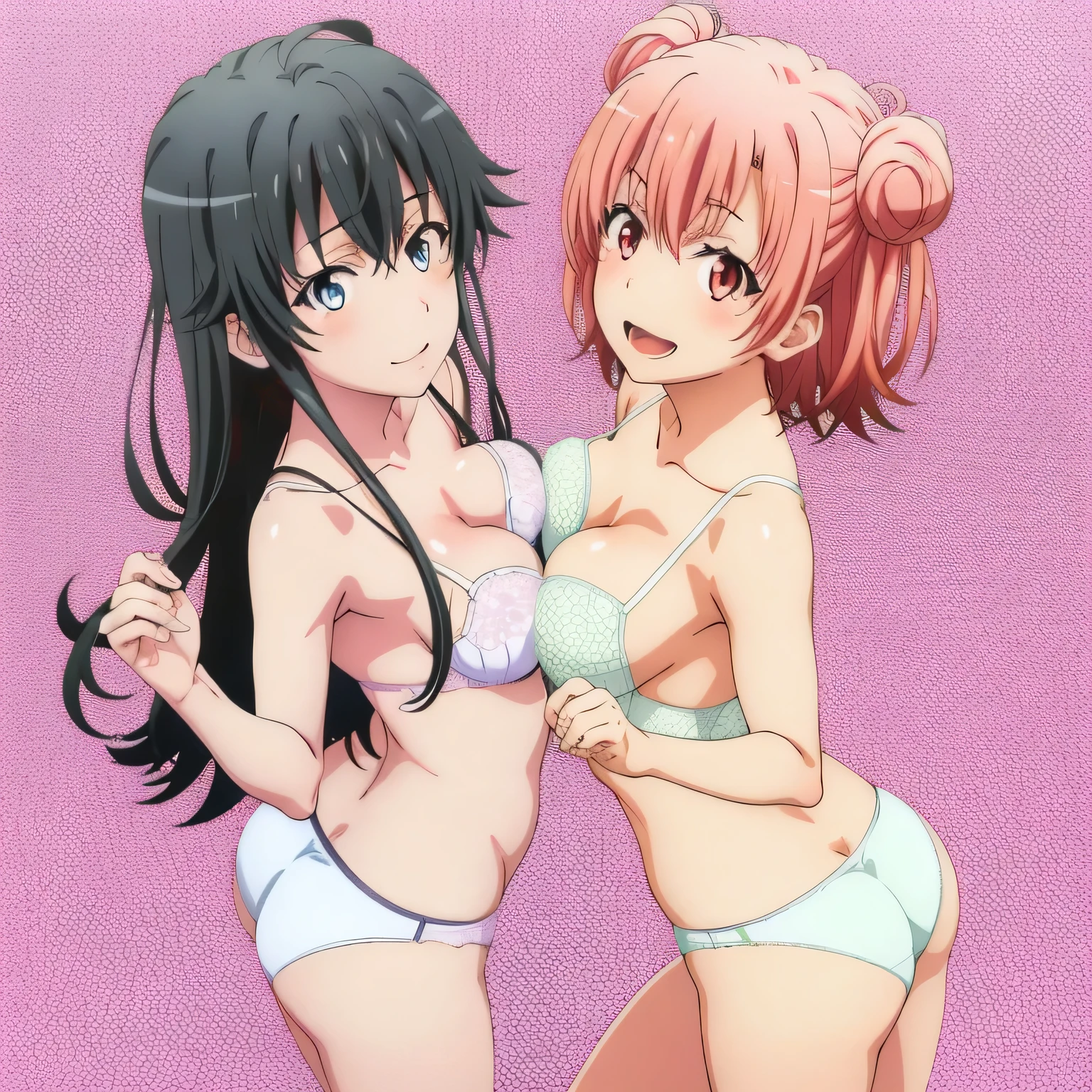 2 girls , Yukinoshita Yukino , Yuigahama Yui has well-shaped breasts and a well-shaped butt.. , waltz dance , In underwear,rotate,whole body,pink silk panties,white silk panties,high angle,look at the camera,open mouth smile,