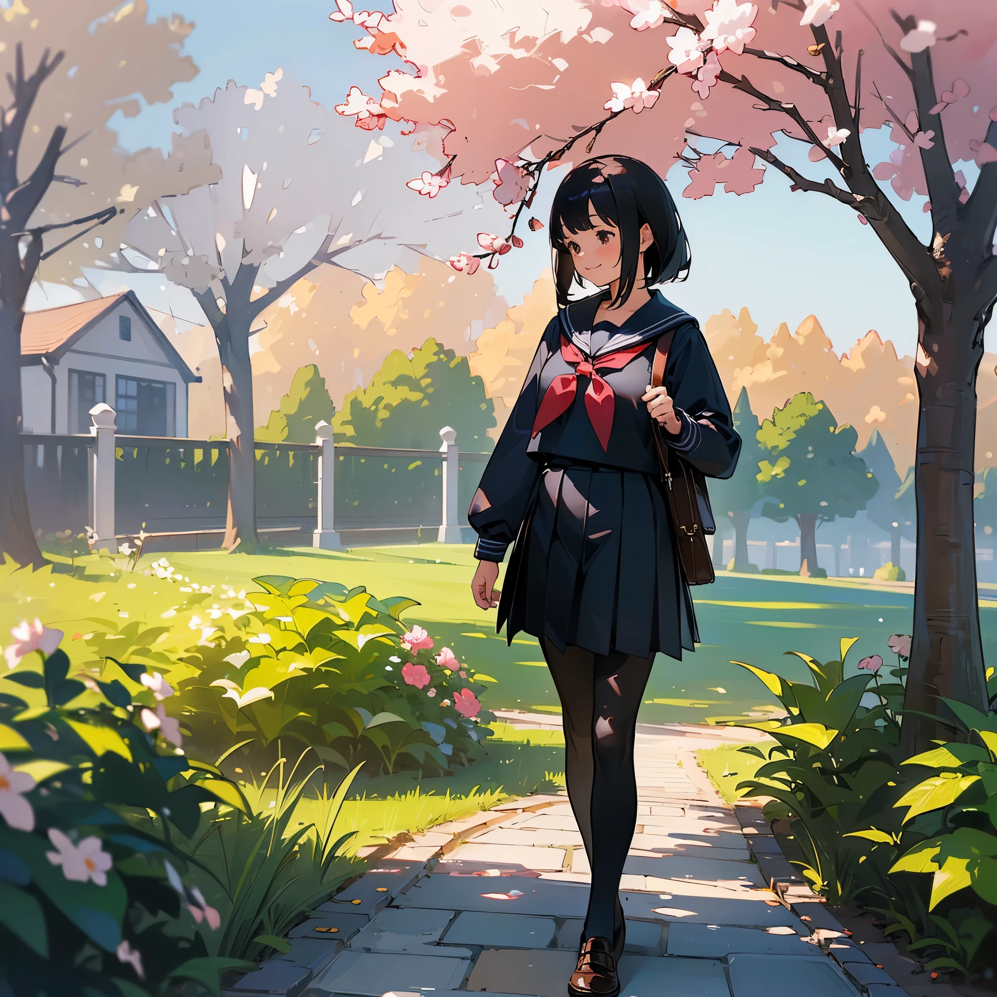 (highest quality,High resolution,super detailed,realistic:1.37),peaceful atmosphere,(outdoor,garden,Cherry tree),teenage girl standing alone,beautiful detailed features,cute smile,(black bob hair),navy sailor suit,pleated skirt,black tights,brown leather shoes.