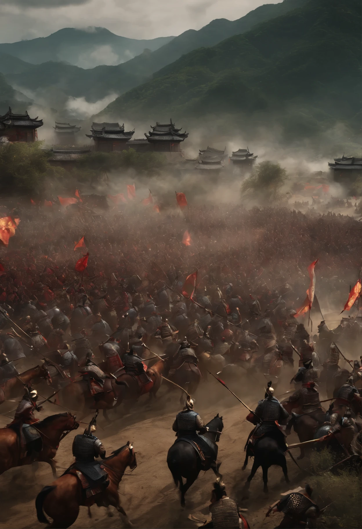 Best quality, Masterpiece, 超高分辨率, (photograph realistic:1.4), surrealism, Dream-like,fusionart, Ancient Chinese Battlefield, Three Kingdoms Battlefield, View of Araved,There was a group of people standing around, Beautiful rudder depth, in screenshot from the 300 movie, the great wall, the great wall, ( Matte painting, Epic matte painting, elaborate matte painting, epic cinematic matte painting, exquisite matte painting, detailed matte painting, Visually stunning scene,Ancient Chinese soldiers, Chinese soldiers, the great wall, hidden blade,