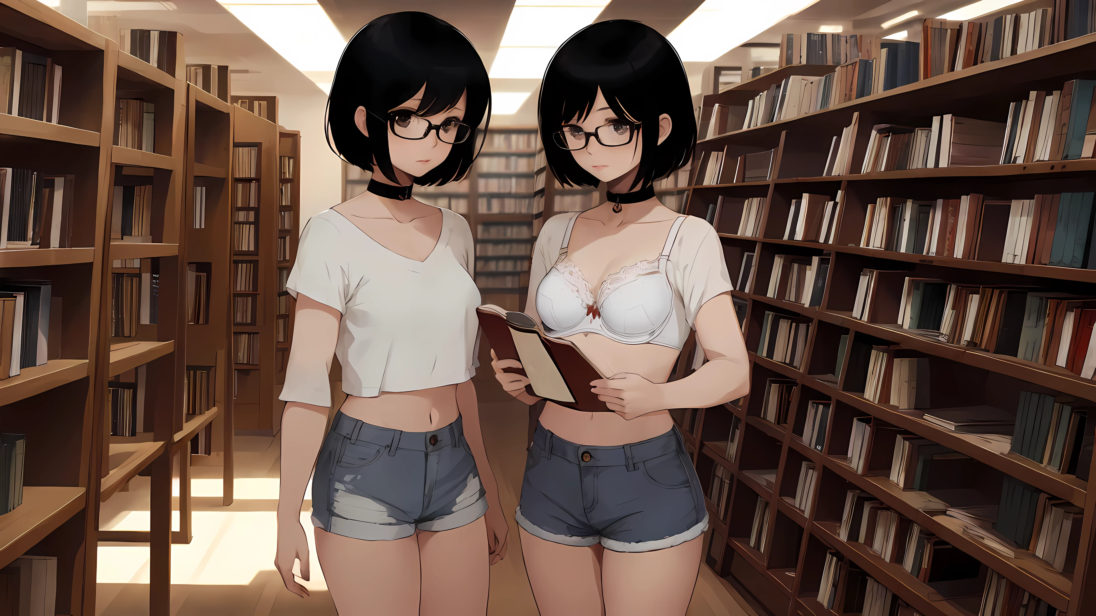 ((1girl)), one 21 year old girl, short black hair, glasses, choker collar, white bra, jean shorts, standing, library, bookcases, books, dramatic lighting, cinematic lighting,