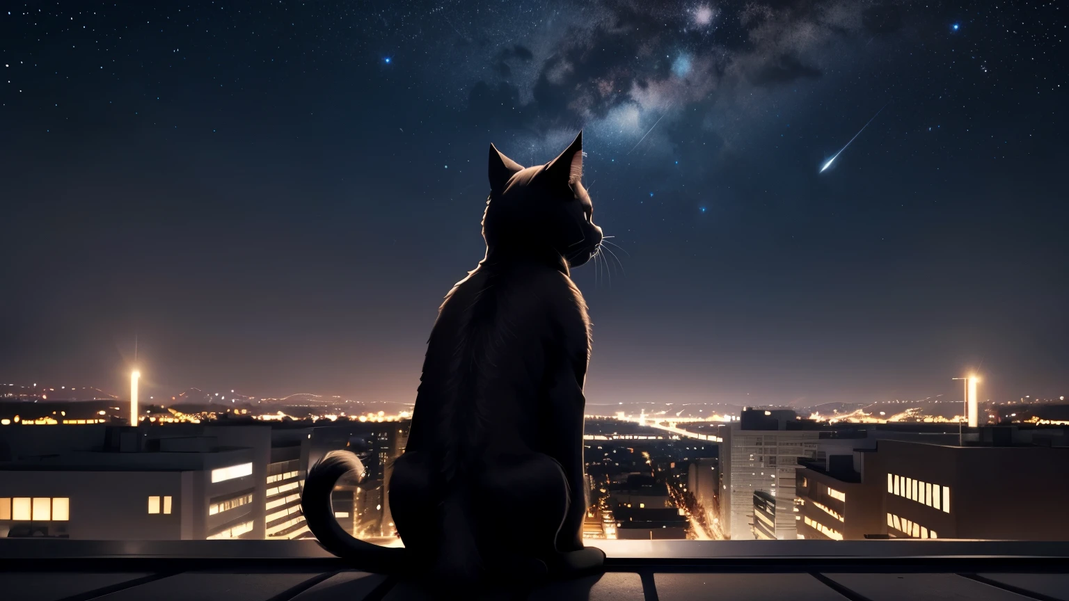 A black cat sitting on the roof and looking at the night sky from behind starry sky moon beautiful city