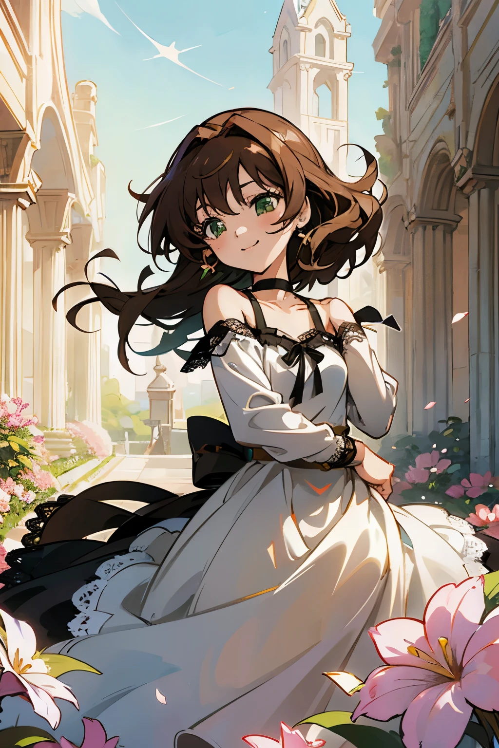 shoko sashinami, valvrave, 1 girl, brown hair, green eyes, fantasy world, ruins, folk, beautiful sky, shining sky, sunshine, flower garden, smiling, belt, ribbon choker, black choker, ribbon, wind blowing dress, lace dress, black camisole and white sweater, off-shoulder sleeves