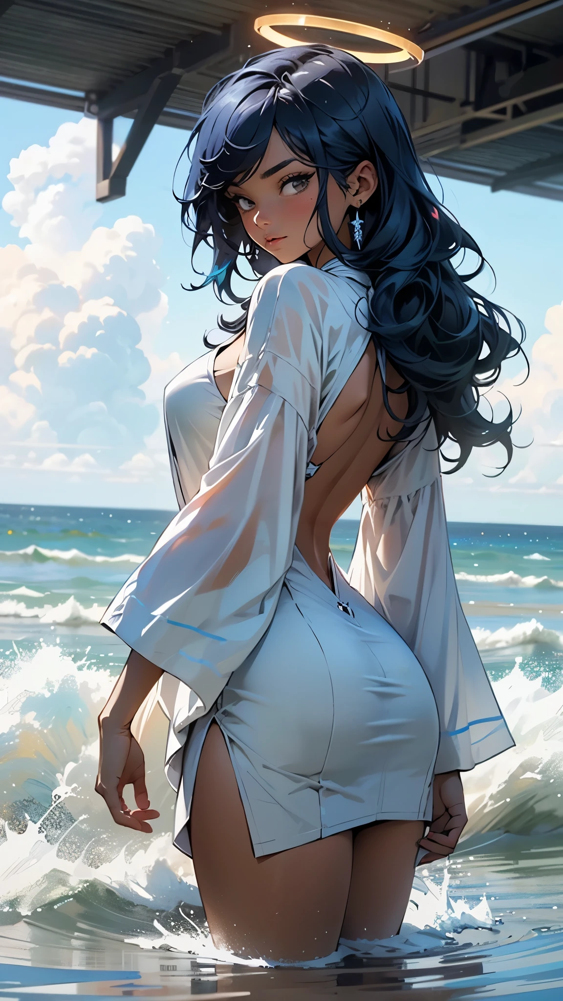 Girl, tight robes, legs, curvy, serious, ((best quality)), (masterpiece), Blue hair length to the middle of the back, with a necklace and a blue and white dress, a halo of water above the head, nsfw, intricate, highres, modeling, (wind shaking their clothes and hair), wet skin