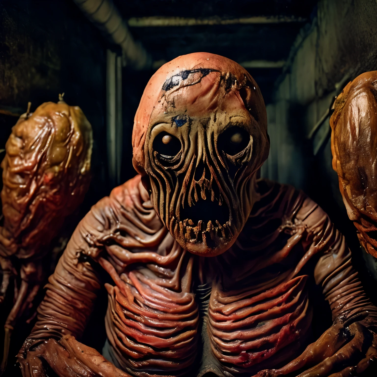 Internal organs, unholy abominations, fat body, peach-colored skin, ovipositor growing from the mouth, a lot of larvae around, dark, dramatic, "silent hill", frightening, frightening, cinematic