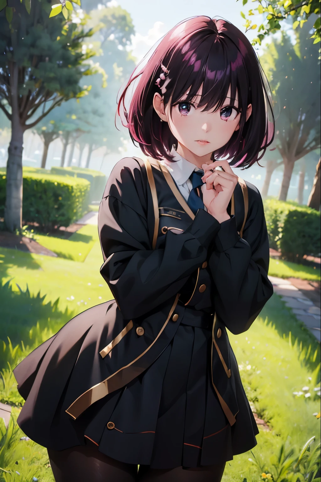 Kanade Suzu, short hair, hairclip, school uniform, black skirt, black jacket, dress shirt, green necktie, ((8K)), ((Chef d'oeuvre)), ((dressed character)), assise, ((pantyhose blanc)), ((talons haut)), ((jambes grasses)), ((gros seins)), ((Original clothing)), (qualité d'image très élevée), (bijouterie), (finely detailed eyes and detailed face:1.3), (extremely fine and beautiful:1.1), (Perfect details:1.1),