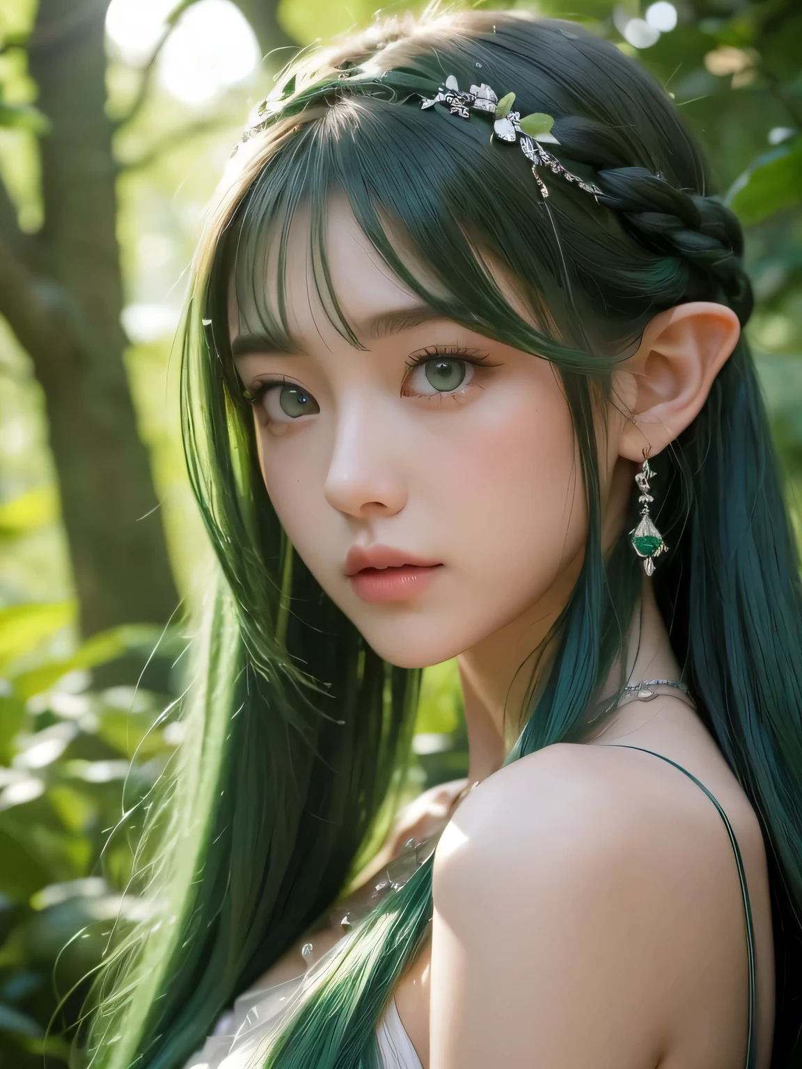 A fascinating and mysterious sorcerer emerges from the depths of a magical forest..., wears elaborate robes woven with intricate mystical symbols. Dense trees々々Soft sunlight shines in, A mysterious appearance that radiates an enchanting shine. 彼女の目は古世generationの知恵と魔法で輝いています, Delicate ivy vines and bright flowers々々々Intertwined with her flowing hair. in the background, Inhabited by mythical creatures and forest spirits,clavicle、earrings、necklace、emerald green hair、green eyes、 1 girl, delicate eyes, double eyelid,, necklace、close up of face、close up of face、20generation、all green hair、green eyes、close up of face、elf ears、serious expression、eyes as big as possible'i don't'I don't see their white people..、Brown headband、Braid、random pose、twin tails、
