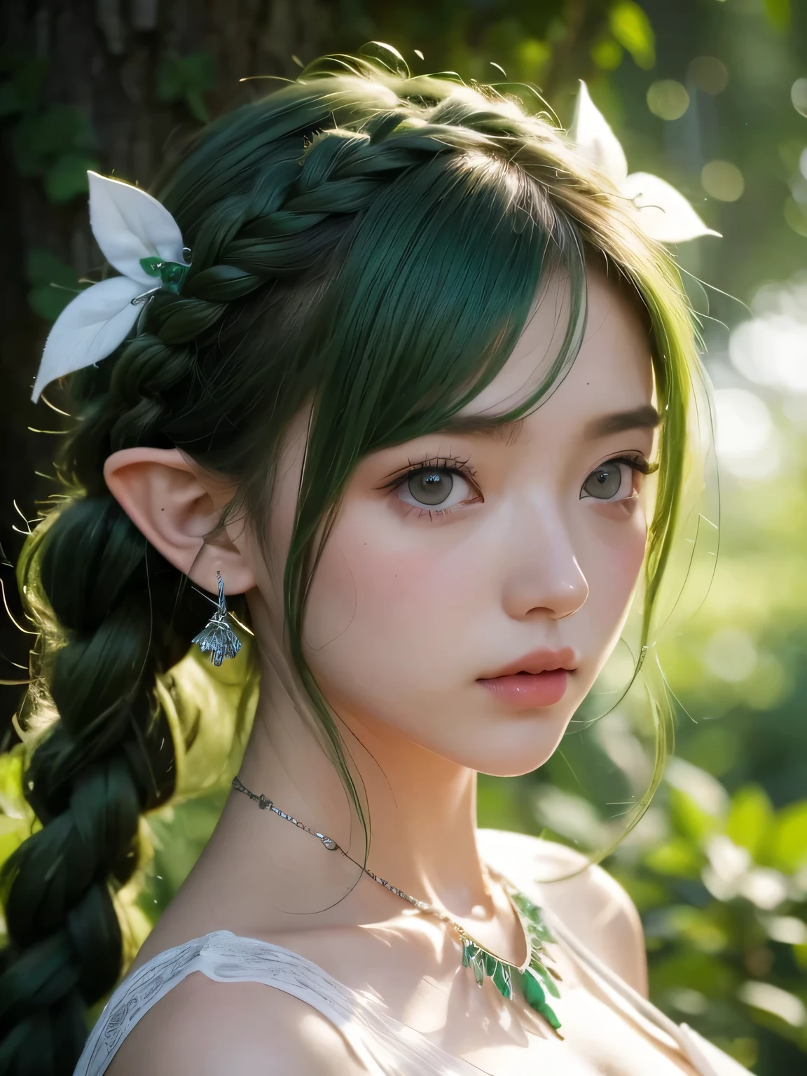 A fascinating and mysterious sorcerer emerges from the depths of a magical forest..., wears elaborate robes woven with intricate mystical symbols. Dense trees々々Soft sunlight shines in, A mysterious appearance that radiates an enchanting shine. 彼女の目は古世generationの知恵と魔法で輝いています, Delicate ivy vines and bright flowers々々々Intertwined with her flowing hair. in the background, Inhabited by mythical creatures and forest spirits,clavicle、earrings、necklace、emerald green hair、green eyes、 1 girl, delicate eyes, double eyelid,, necklace、close up of face、close up of face、20generation、all green hair、green eyes、close up of face、elf ears、serious expression、eyes as big as possible'i don't'I don't see their white people..、Brown headband、Braid、random pose、twin tails、