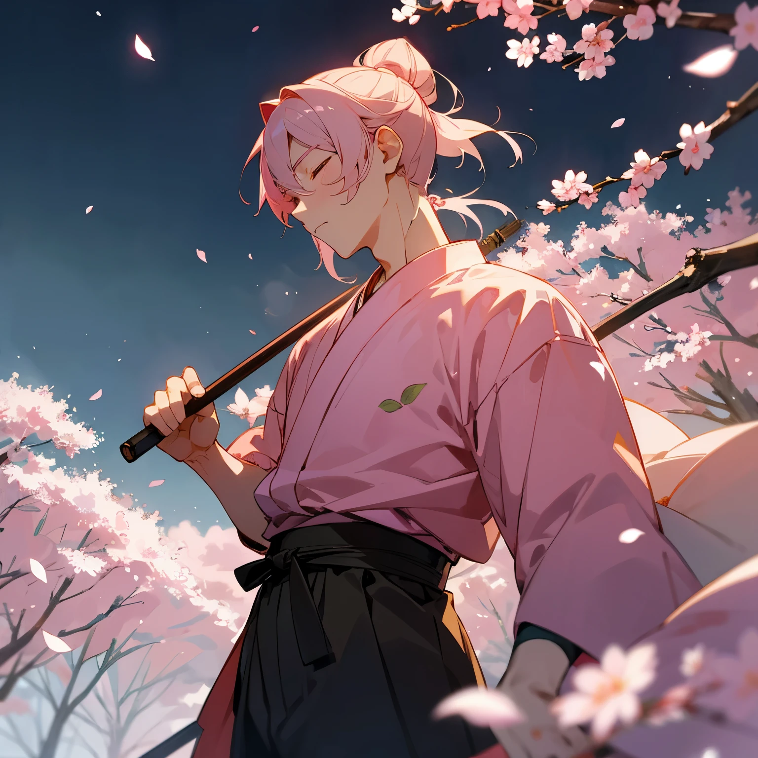 Momotaro、A boy quietly closes his eyes、anime style、Ghibli anime style pattern、delicate face、pastel tone、
Wearing samurai clothes、Pink-based costume、Spring night with dancing cherry blossom petals、Her hair is tied in a topknot.、Looks like he's asleep、the moonlight is beautiful