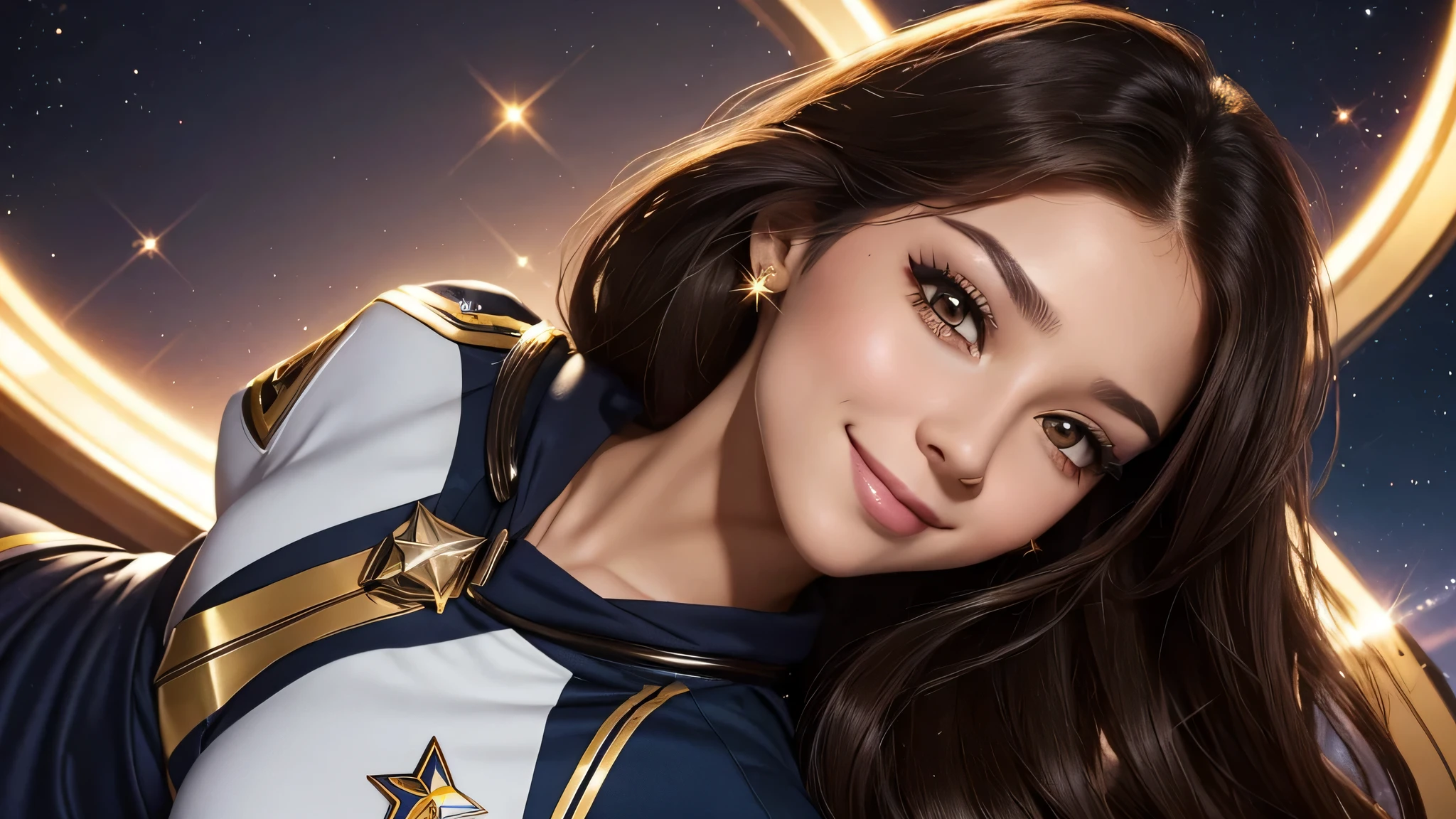 20 year old sexy space beauty, Beautiful captain with long luscious brown hair, eyeliner, lipstick, eye shadow, flirty smile, There's a cute sparkle in her eyes, like々new enthusiasm, on the corporate bridge, Wearing a TNG uniform, sophisticated facial details, perfect body,(lie:1.3)