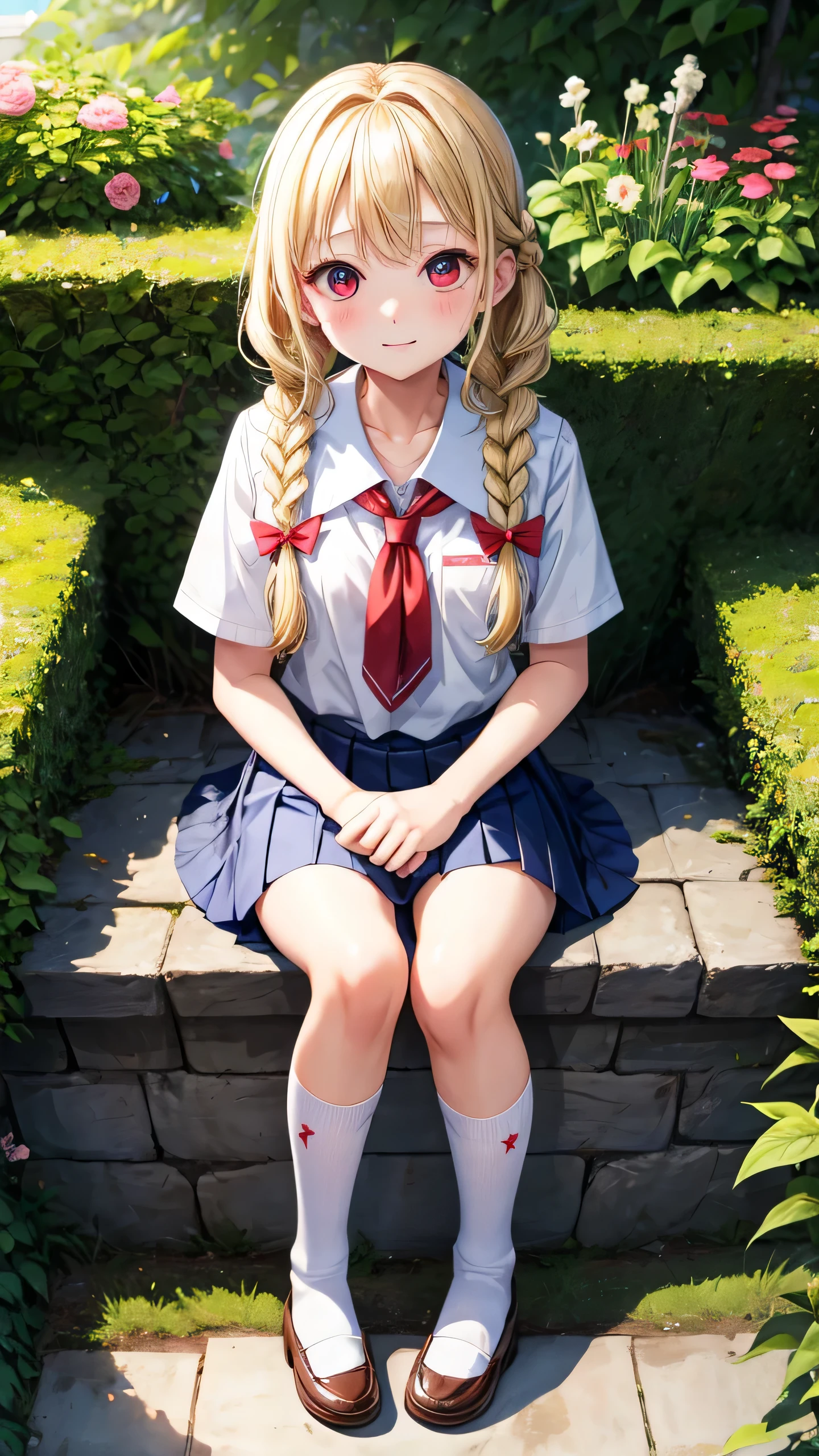 I&#39;m 、blonde、Braid、red eyes、1 cute girl、alone、and soul、school uniform、mini skirt、garden、sit on top