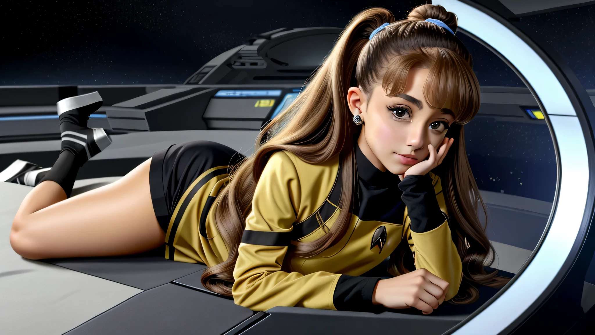 to be born, photograph, professional portrait, ariana grande, Star Trek TOS Science Uniform, perfect body,(lie:1.3)