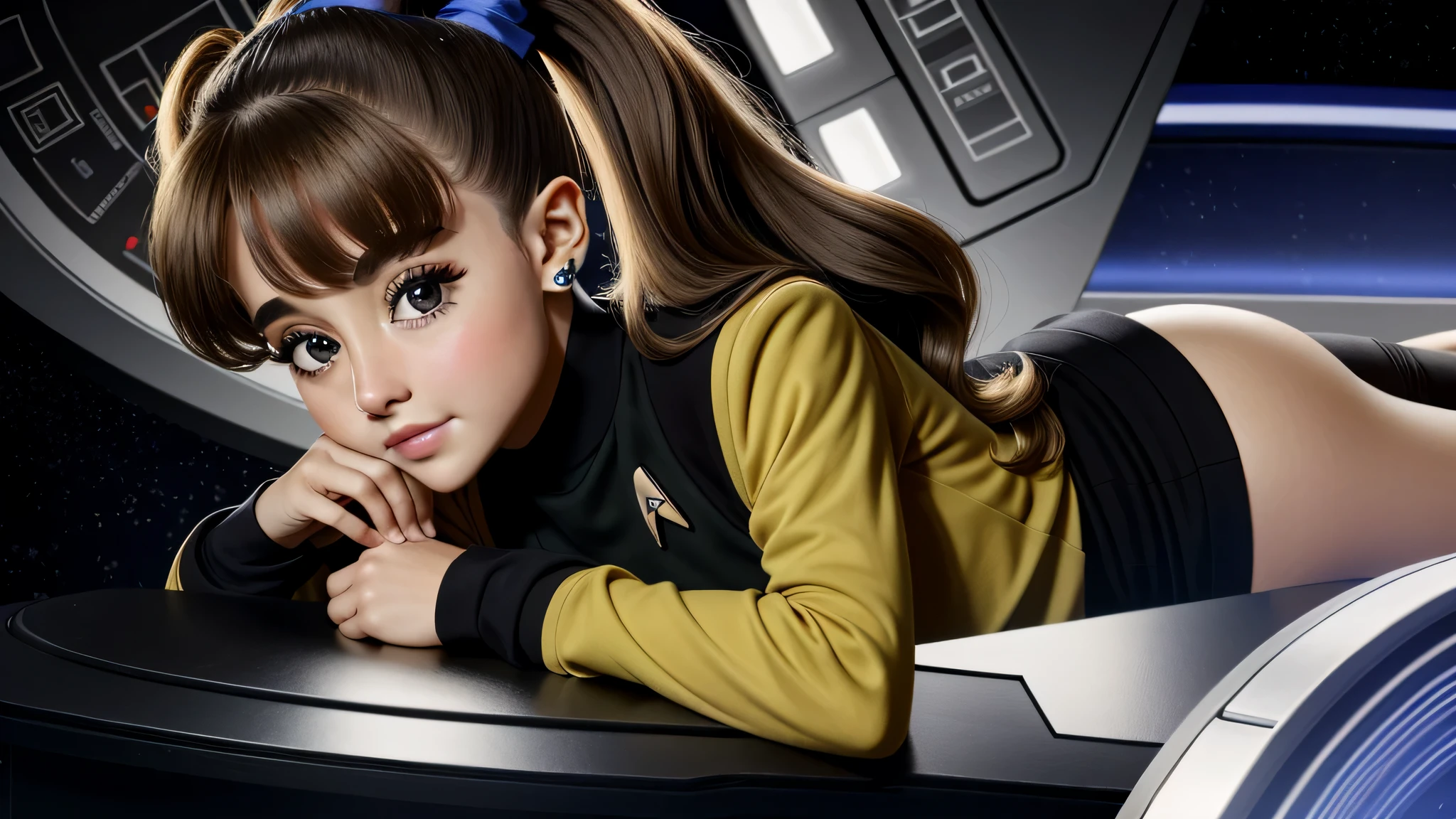 to be born, photograph, professional portrait, ariana grande, Star Trek TOS Science Uniform, perfect body,(lie:1.3)