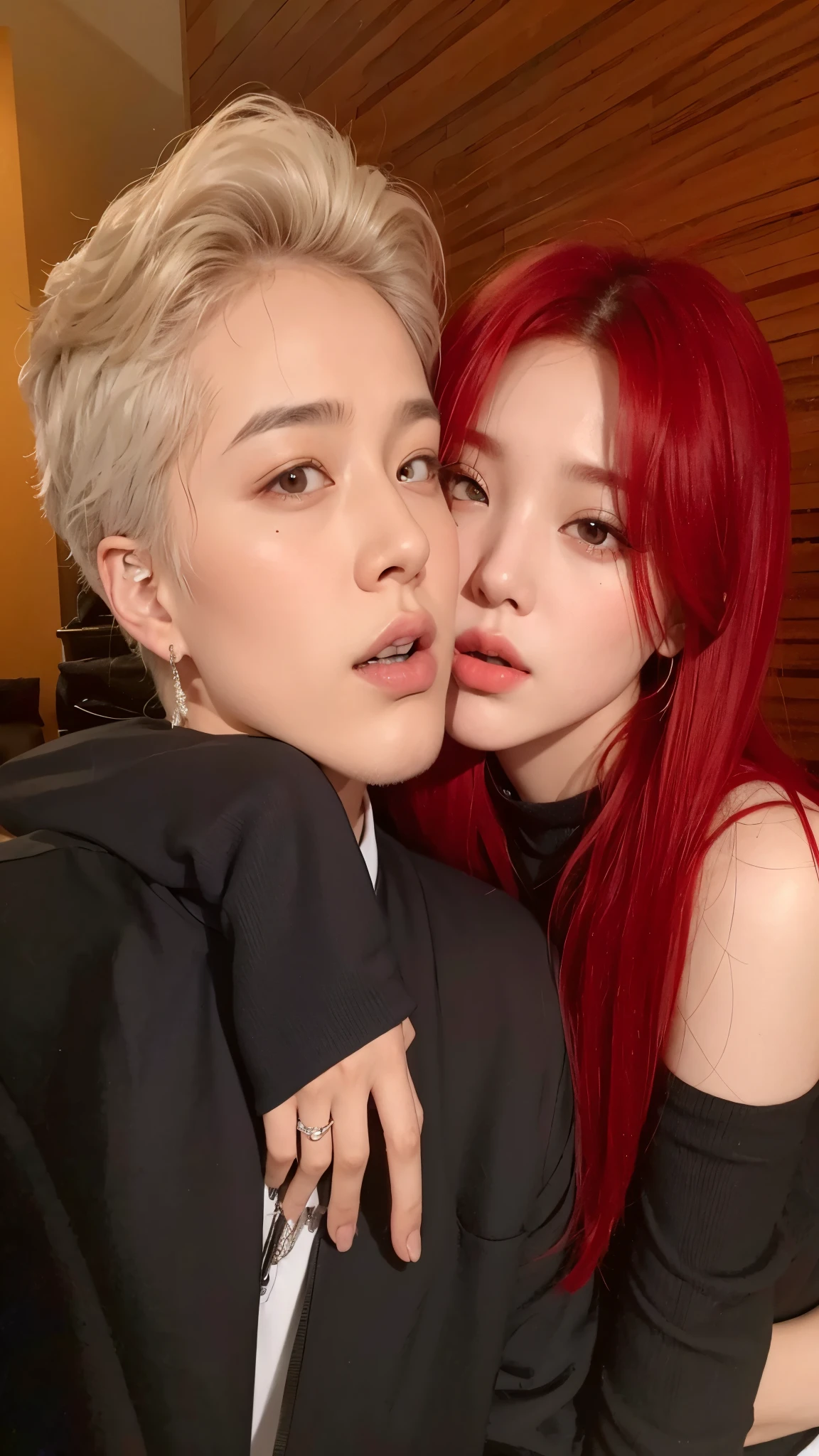 araffe and a woman Con cabello rojo and a black suit, nixeu y sakimichan, Con cabello rojo, ambos tienen labios rojos, con hiedra, con negro, kda y sam que, Cai Xu Kun, dyed red hair, kim taejin, sun yunjoo, pale red, kim doyoung, con el pelo largo y rojo, jia