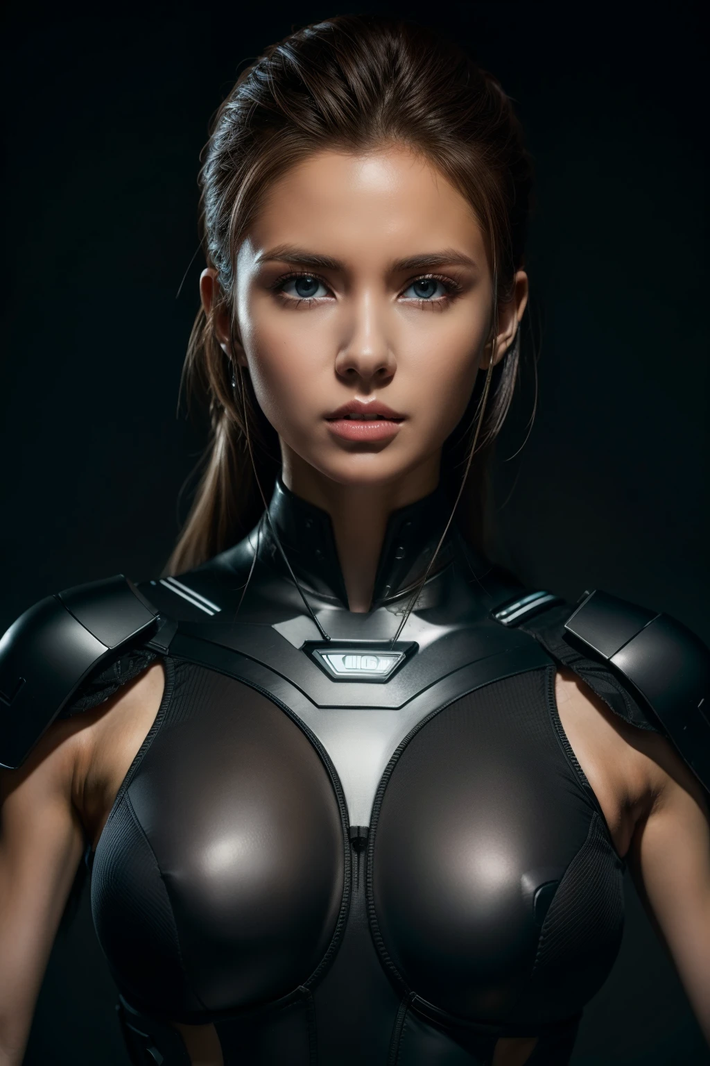 (cybersoldier style aesthetic), bust to waist, (half body), (beauty shape), sensual look, determined, powerful pose, perfect skin, hyperrealistic masterpiece, in extremely complex & superdetailed black and white seamless plugsuit, cinematic illumination, 8k, symmetrical eyes, realistic, sharp focus, HD, highly detailed, intricate details, photography, studio portrait, detailed, cinematic lighting, determined:1,2, brave