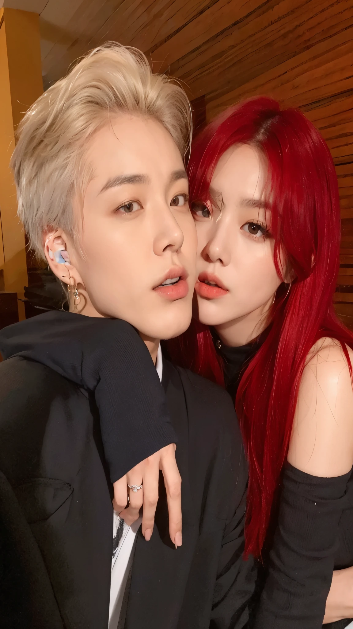 araffe and a woman Con cabello rojo and a black suit, nixeu y sakimichan, Con cabello rojo, ambos tienen labios rojos, con hiedra, con negro, kda y sam que, Cai Xu Kun, dyed red hair, kim taejin, sun yunjoo, pale red, kim doyoung, con el pelo largo y rojo, jia