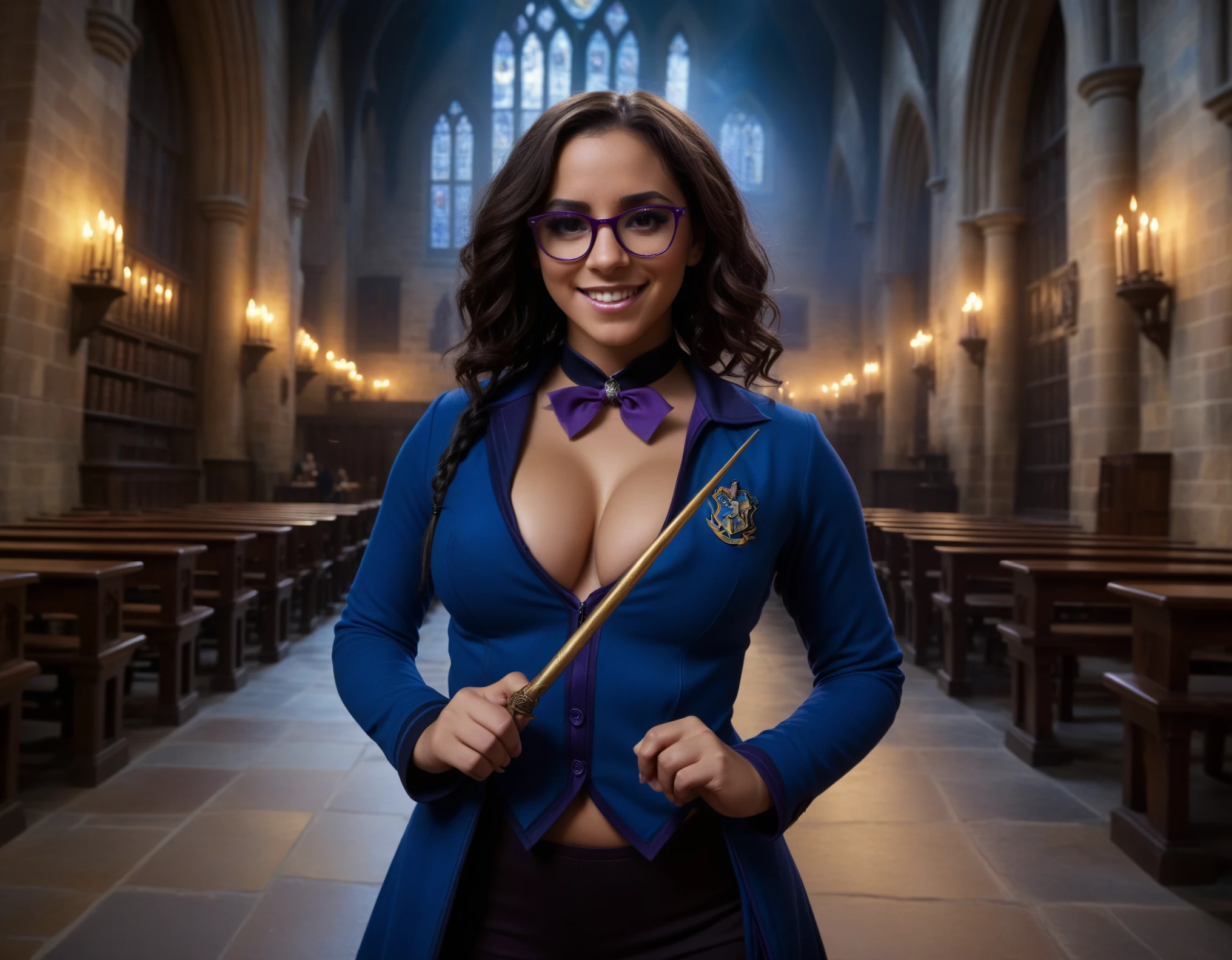 film-still of puerto-rican woman in a ravenclaw uniform, action pose, choker, glasses, holding wand, inside hogwarts, , (curvy, cleavage) movie-poster, [style-of-harry-potter:.9] [purple-magic] [fierce-grin], beautiful, elegant, (detailed, highres, high-quality, high saturation)