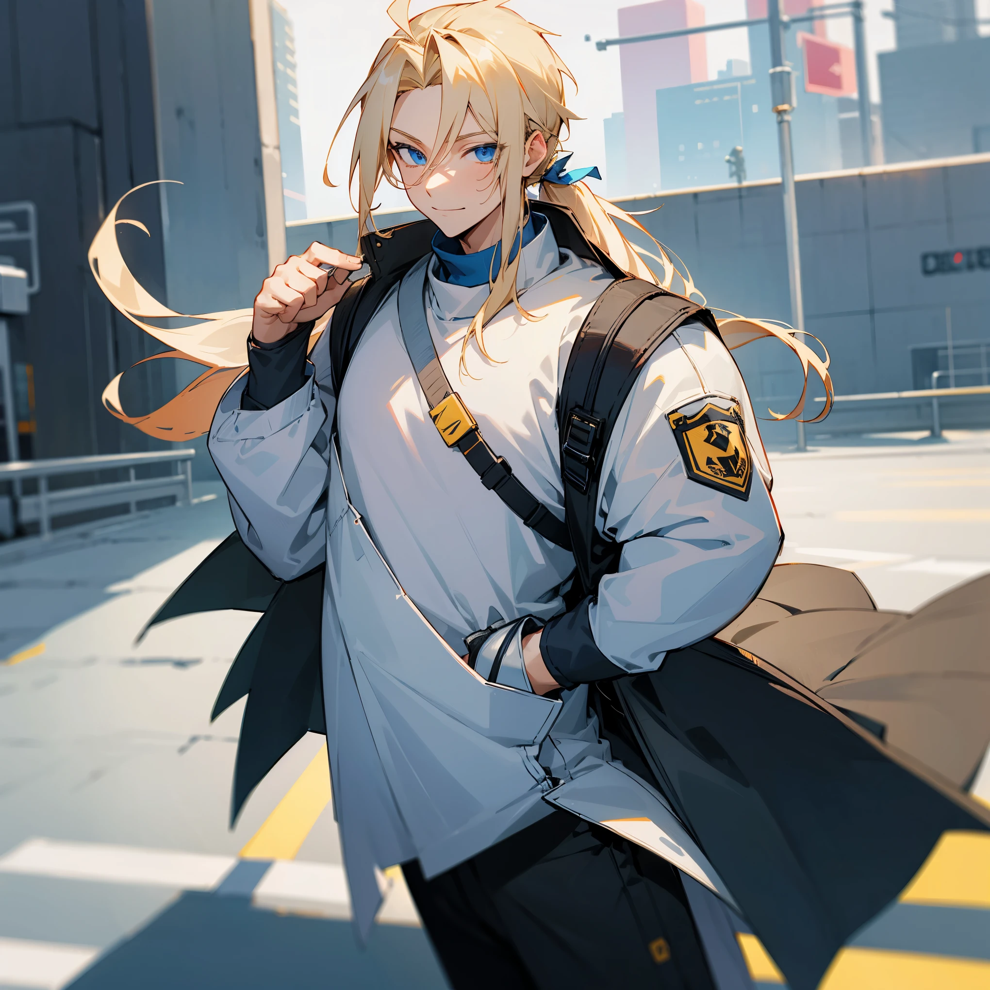 1male , Muscular , Long Blonde Hair , Spiky Ponytail , Blue Eyes , White Longsleeve Turtleneck , Black Backpack , Standing on Sidewalk , Happy Expression , Teen Male