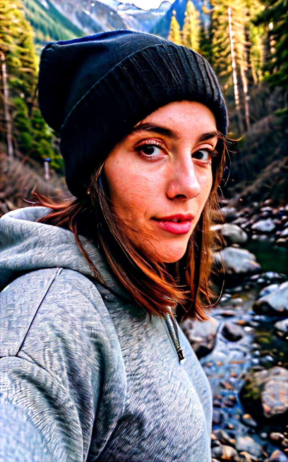 photorealistic, best quality, hyper detailed, beautiful woman, selfie photo, upper body, solo, wearing pullover, outdoors, (night), mountains, real life nature, stars, moon, (cheerful, happy), sleeping bag, gloves, sweater, beanie, flashlight, forest, rocks, river, wood, smoke, fog, clear sky, analog style, looking at viewer, skin texture, film grain, close up, ultra high res, best shadow, RAW, instagram LUT