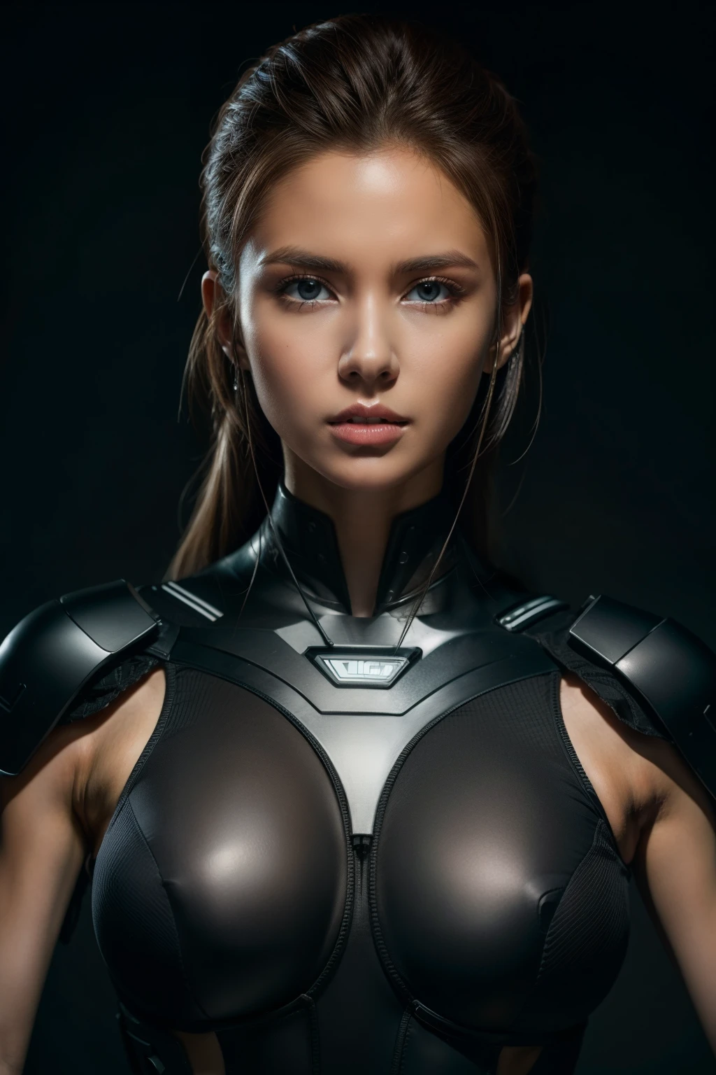 (cybersoldier style aesthetic), bust to waist, (half body), (beauty shape), sensual look, determined, powerful pose, perfect skin, hyperrealistic masterpiece, in extremely complex & superdetailed black and white seamless plugsuit, cinematic illumination, 8k, symmetrical eyes, realistic, sharp focus, HD, highly detailed, intricate details, photography, studio portrait, detailed, cinematic lighting, determined:1,2, brave