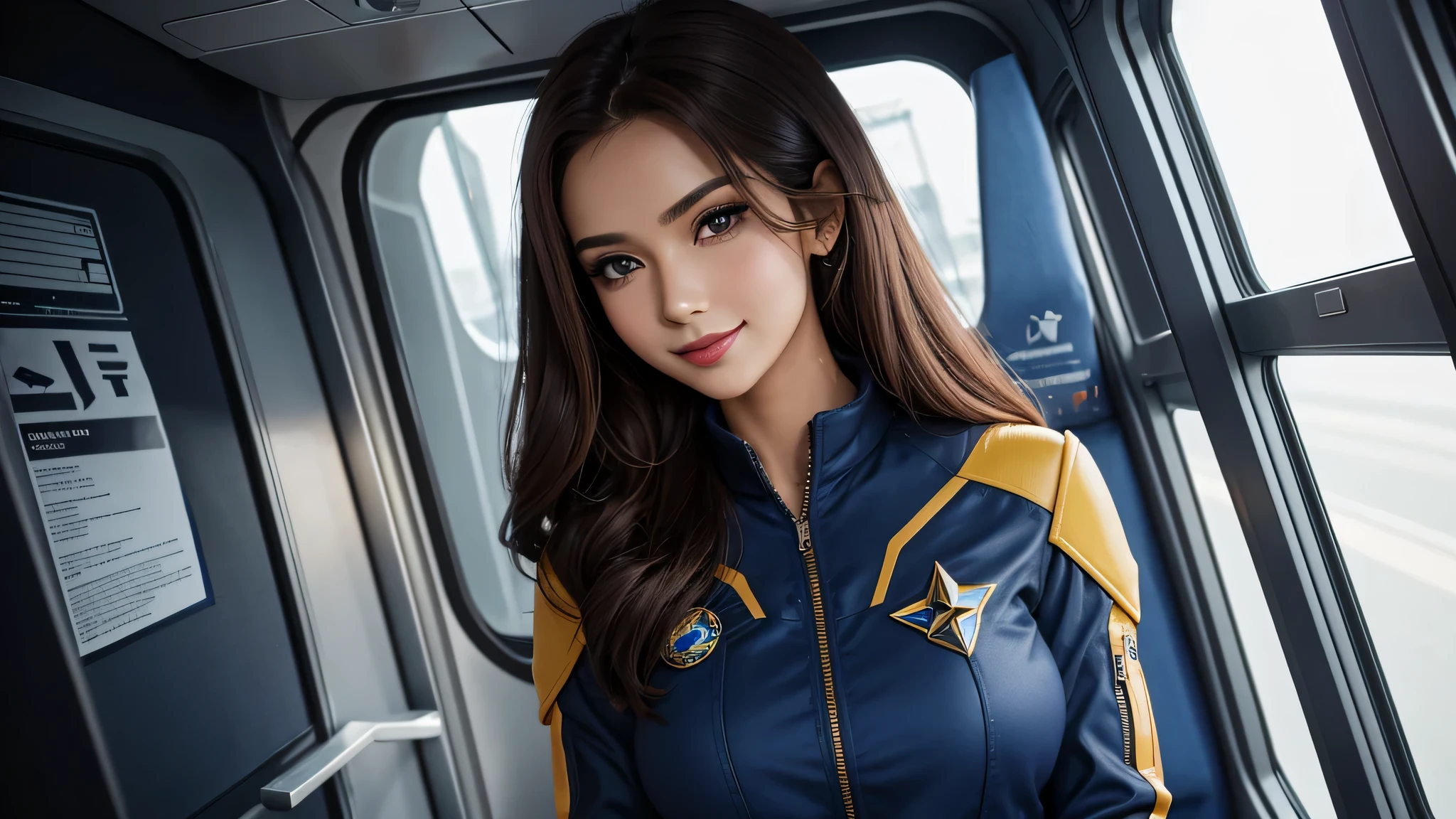 20 year old sexy space beauty, Beautiful captain with long luscious brown hair, eyeliner, lipstick, eye shadow, flirty smile, There's a cute sparkle in her eyes, like々new enthusiasm, on the corporate bridge, Wearing a TNG uniform, sophisticated facial details, walk through the spaceship corridor、perfect body,(lie:1.3)