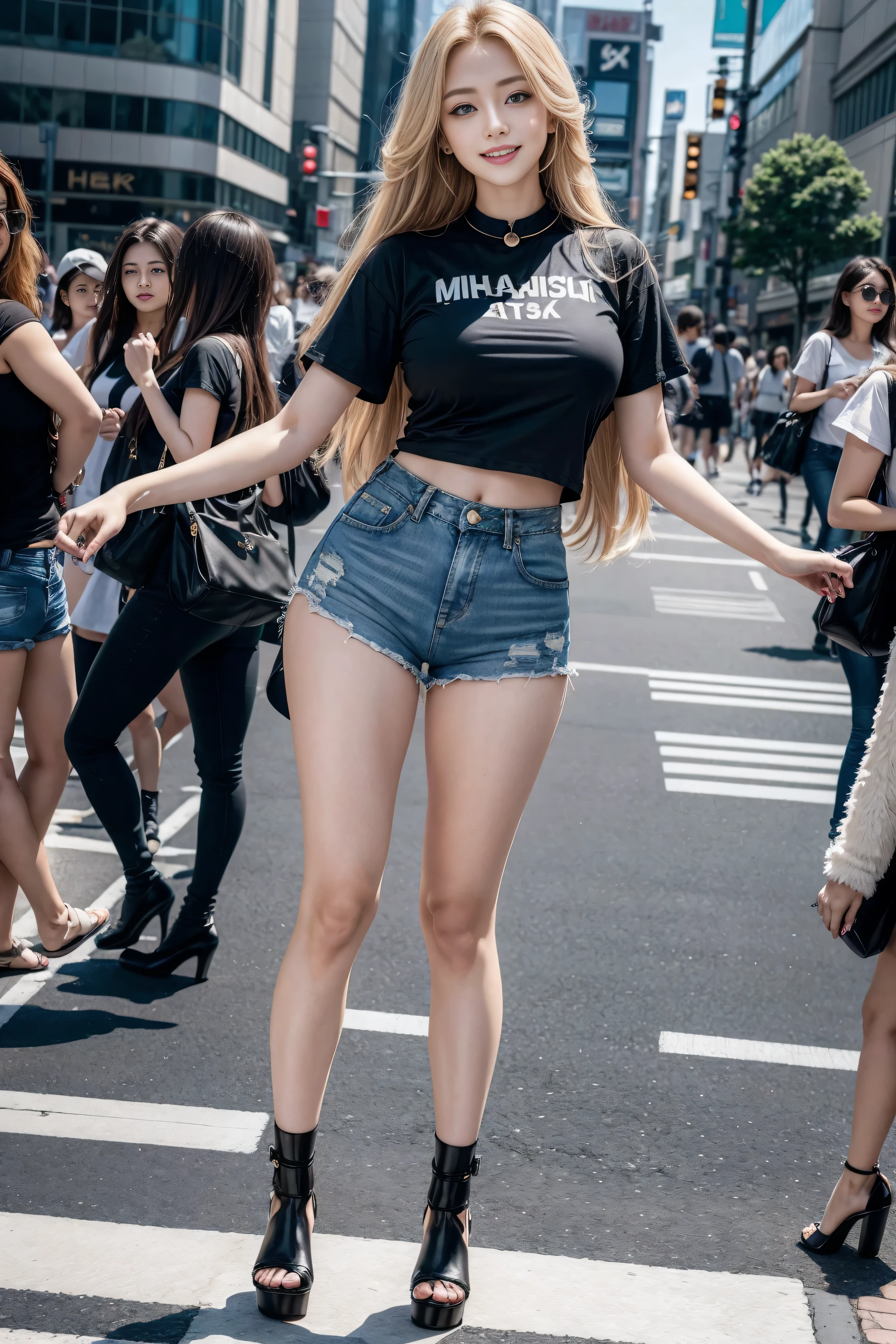 1 girl, (blue eyes), (they are smiling), (in the name of mina), wide hips, tetas Big deals, Big deal, (best quality, 8K, masterpiece: 1.3), perfect hands, Clear focus: 1.2, perfect body beautiful: 1.4, slim abs: 1.2, Highly detailed facial and skin textures, exquisite eyes, double eyelids, (long golden hair), (Black collar T-shirt), (Denim shorts :1.1), (High heel :1.3), eternal, dynamic poses, Background Tokyo Shibuya Crossing.