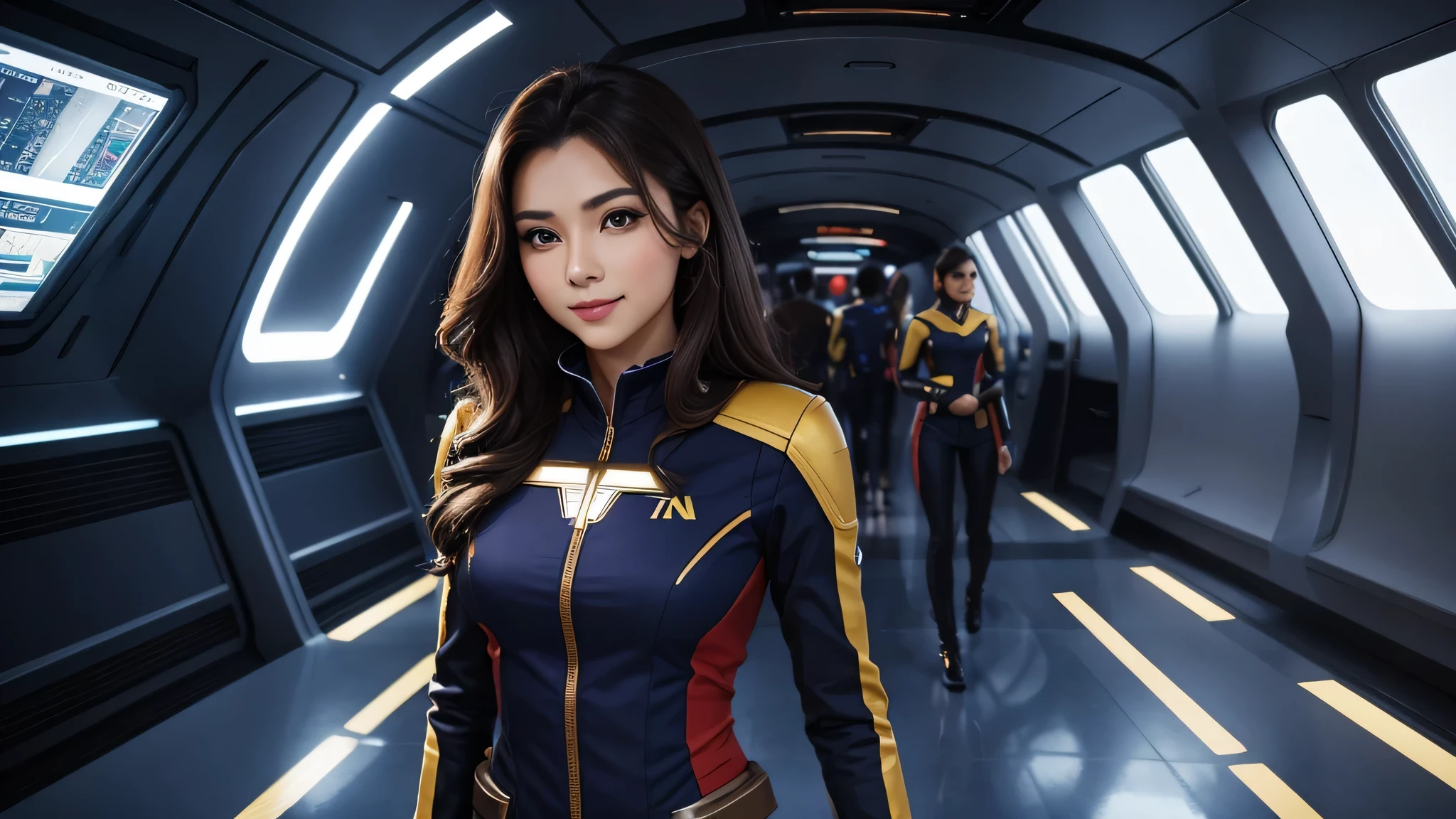 20 year old sexy space beauty, Beautiful captain with long luscious brown hair, eyeliner, lipstick, eye shadow, flirty smile, There&#39;s a cute sparkle in her eyes, like々new enthusiasm, on the corporate bridge, Wearing a TNG uniform, sophisticated facial details, walk through the spaceship corridor、perfect body,(lie:1.3)