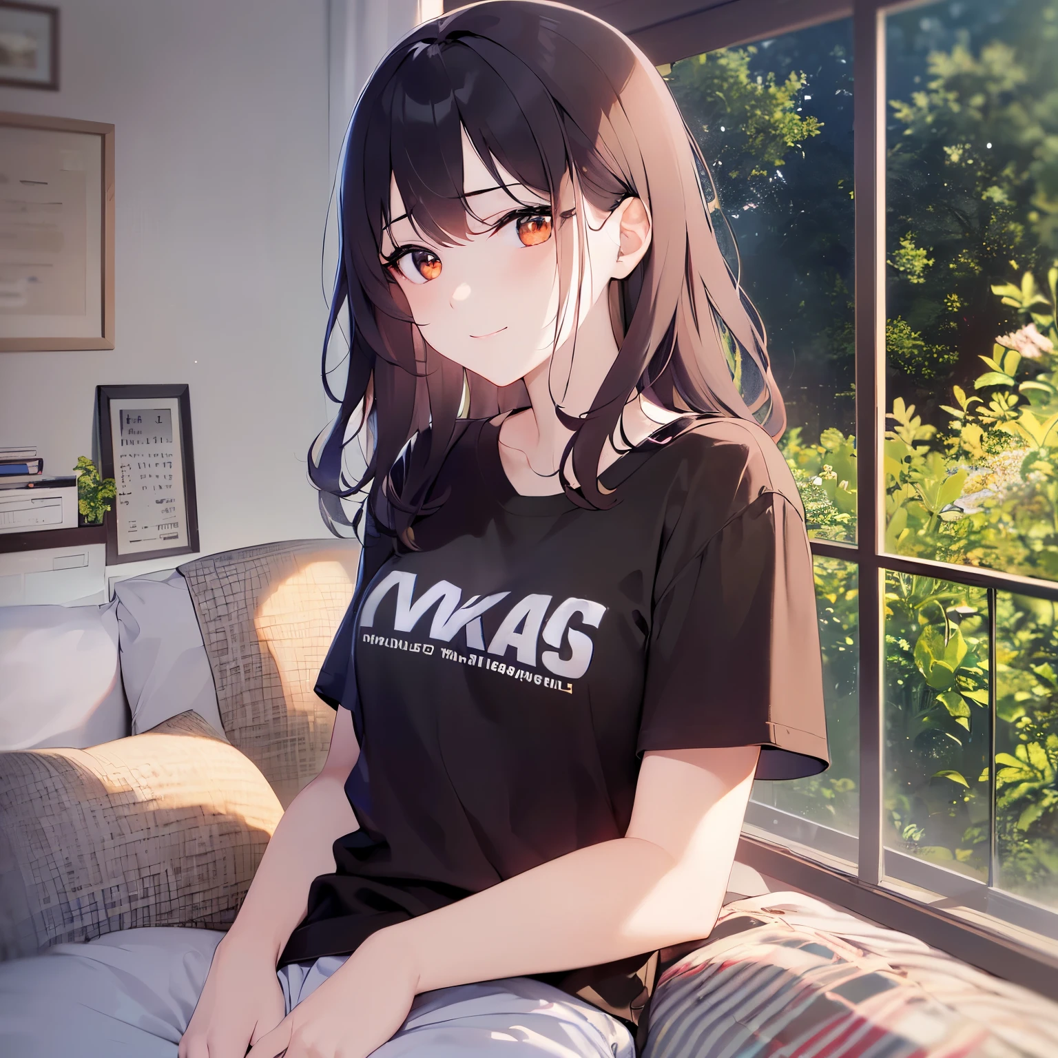 Tilting head、Upper Body, Realistic, real person, (pale skin: 1.2), RAW shiny skin, japanese idol、shiny hair、(25 year old woman with medium hair with bangs) and (wavy hair) and (brown hair) and (orange eyes) , (black) and (plain t-shirt:1.5) and (oversize) 、(sad:1.2), smile, The background is the living room、Alone、Are standing
