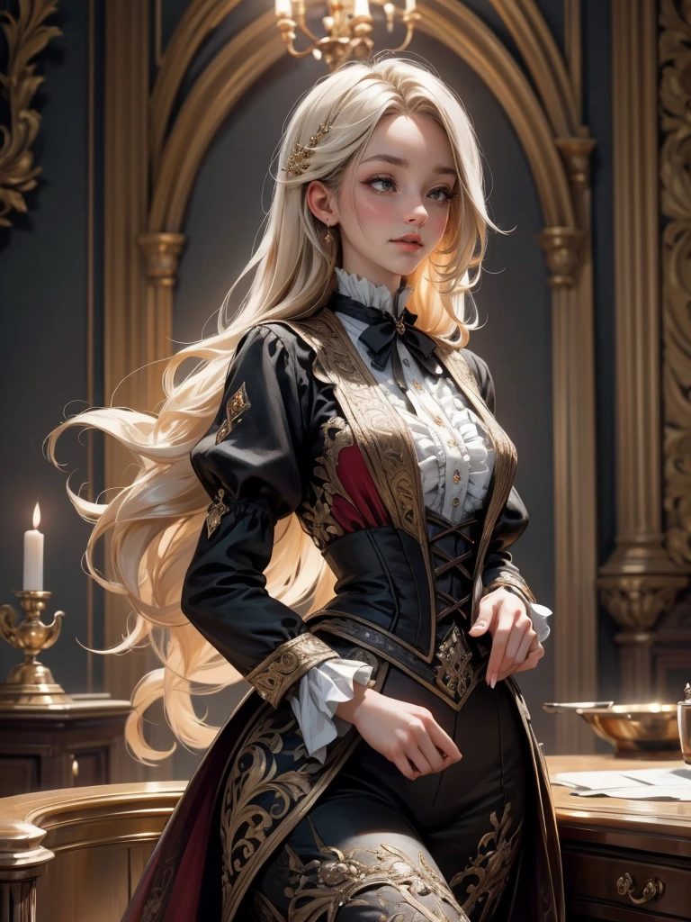 { - anatomy error}(Masterpiece - Ultra-detailed, very high resolution) Prepare to be enchanted by a true masterpiece that combines ultra-detailed art with high-resolution rendering. This work depicts a mesmerizing woman with very long blond hair (1.3) and captivating gray eyes (1.2), emanating an aura of elegance and mystery in Victorian settings. The intricate details and realistic textures invite you to explore every aspect of this enchanting composition. Woman wearing beautiful classic Victorian costume from the year 1878. Red lips. Happy face. Smiling. red (gold) dress. Backwards, looking back, dynamic poses., whole body. dynamic poses. Get ready to dive into a world where beauty and craftsmanship merge perfectly.
